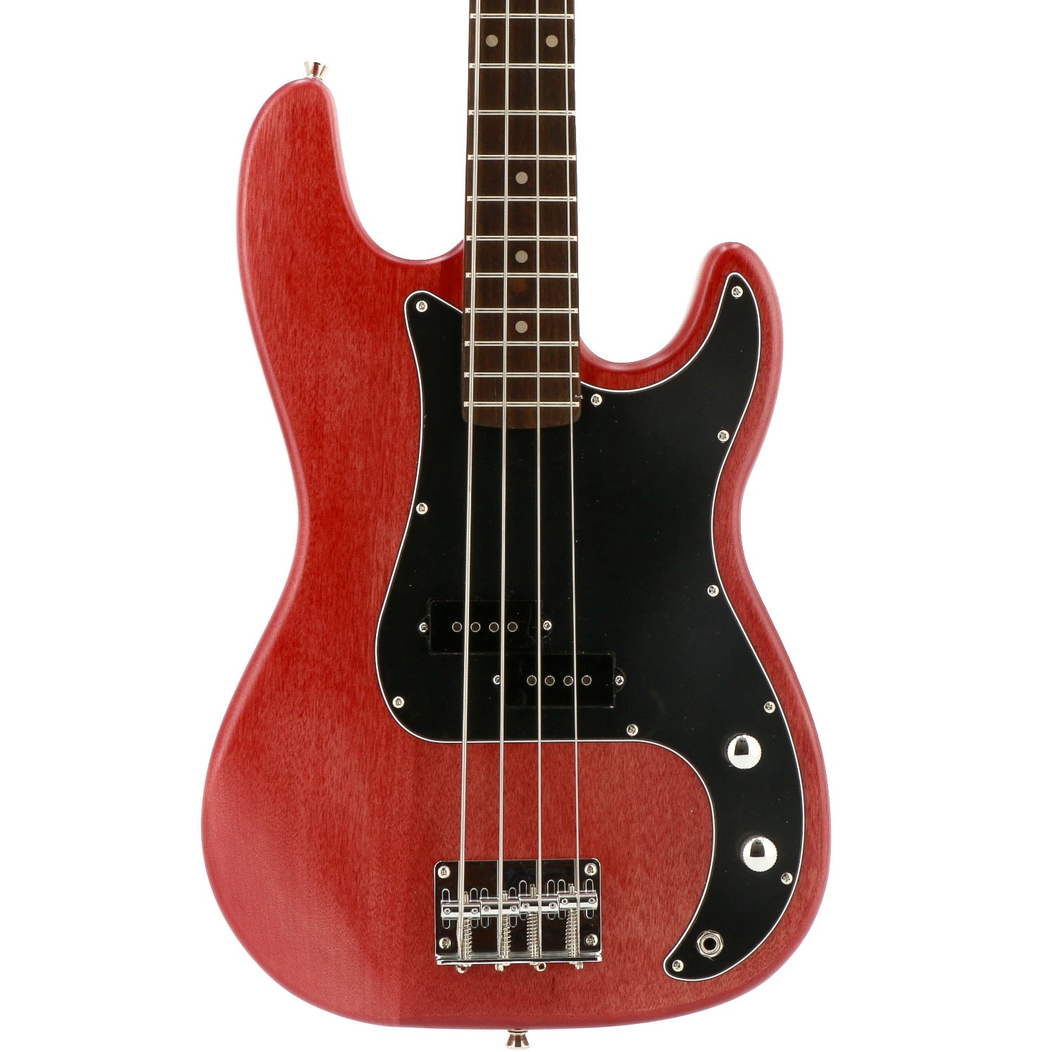 Red bass guitar with black pickguard and silver hardware.