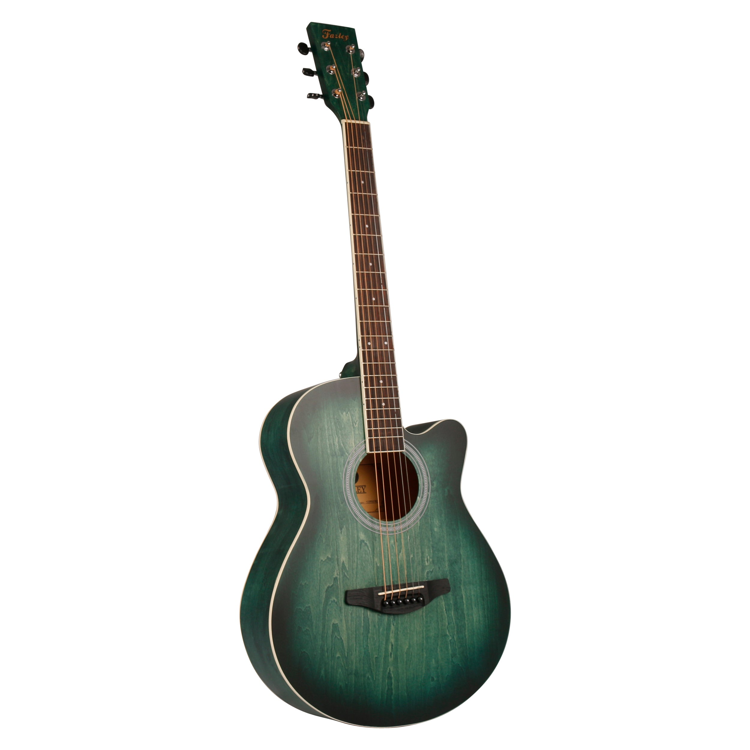 Een groene akoestische gitaar met cutaway en zilveren hardware, geïsoleerd op wit.
