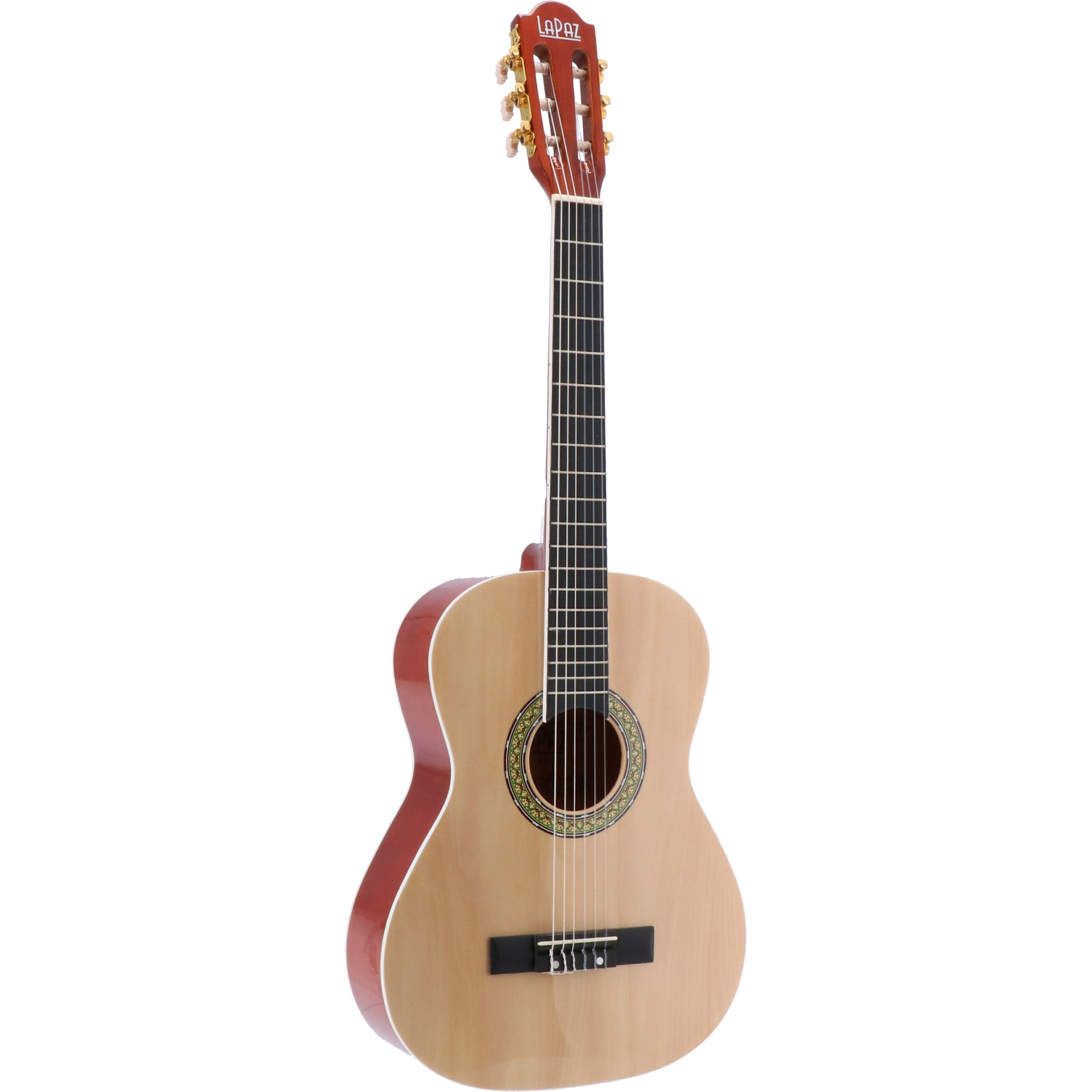 Een klassieke gitaar met een licht houten body en rode zijkanten.