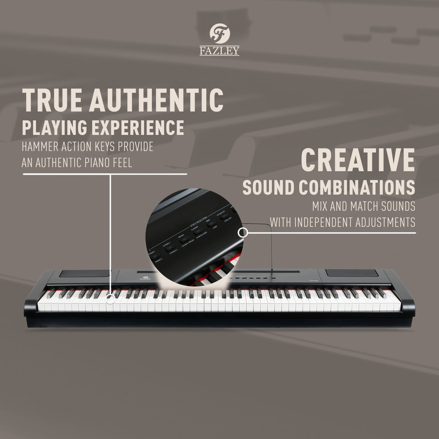 Een zwarte Fazley digitale piano met witte en zwarte toetsen. Zoom op bedieningsknoppen.