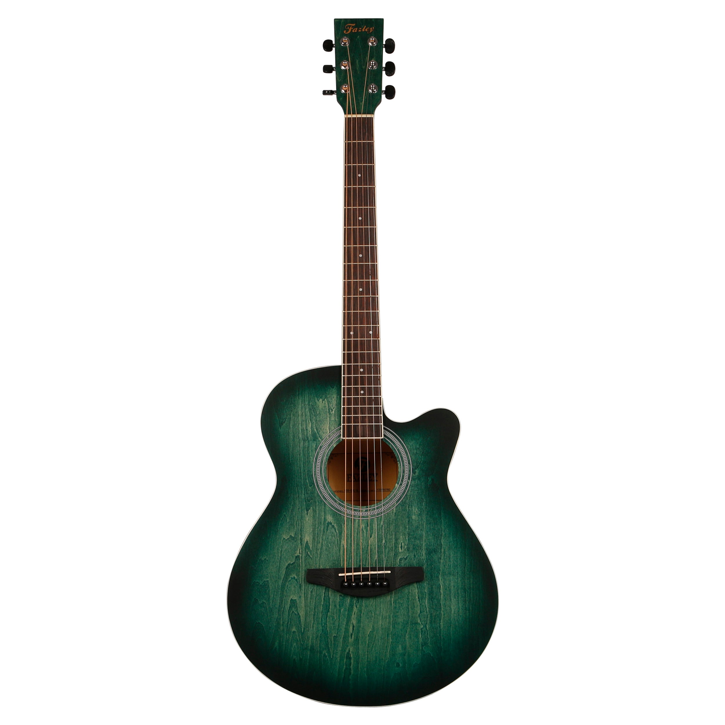 Een groene akoestische gitaar met zes snaren en cutaway.