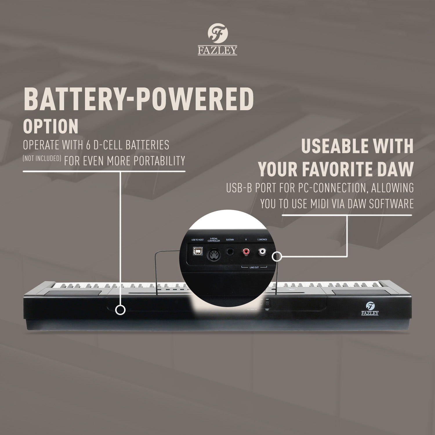 Een zwart keyboard met USB-, sustain- en line-out-poorten. Werkt op batterijen.