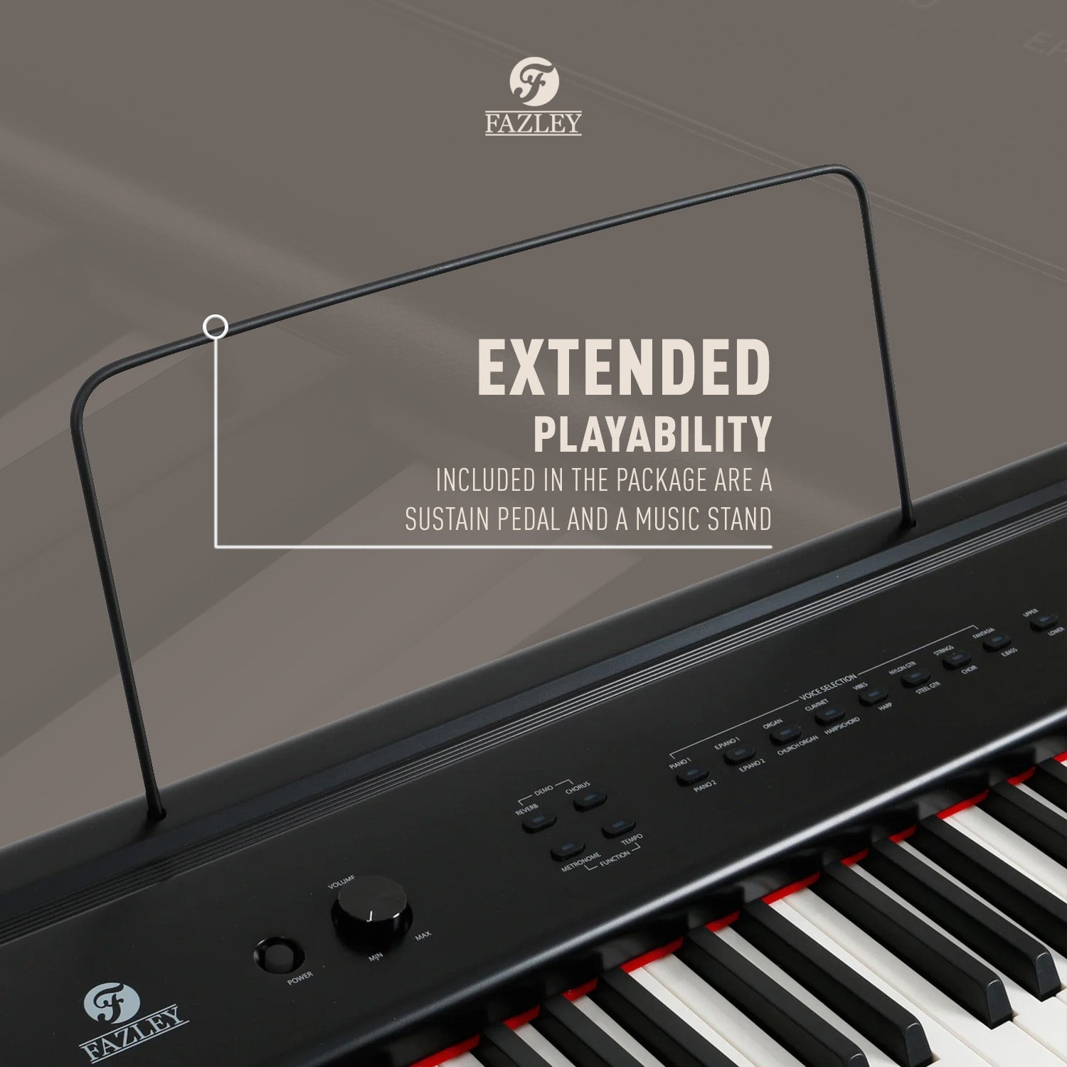 Een zwarte Fazley digitale piano met toetsen en bedieningsknoppen.