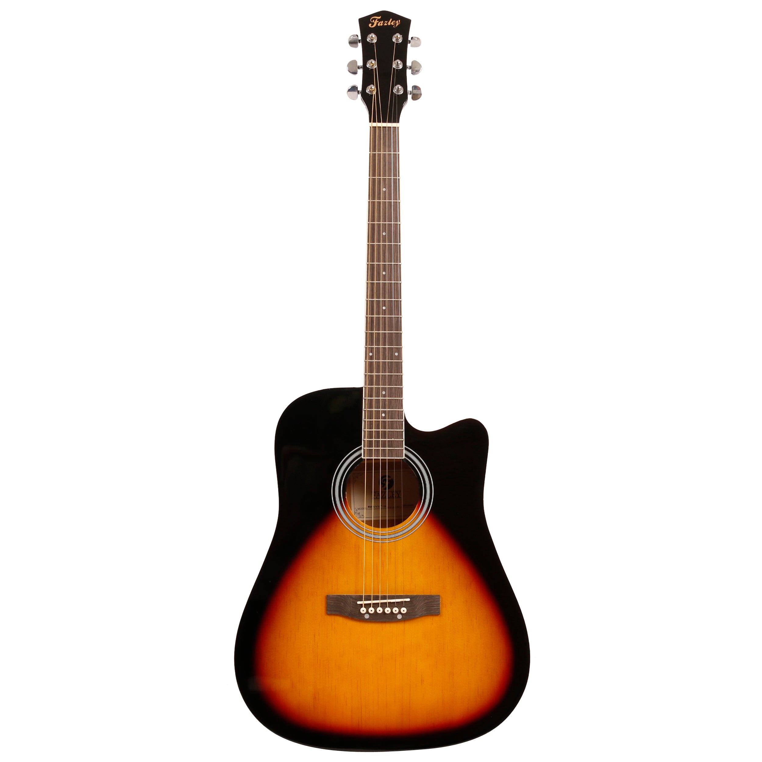 Een akoestische gitaar met sunburst afwerking, zwart lichaam en hals.