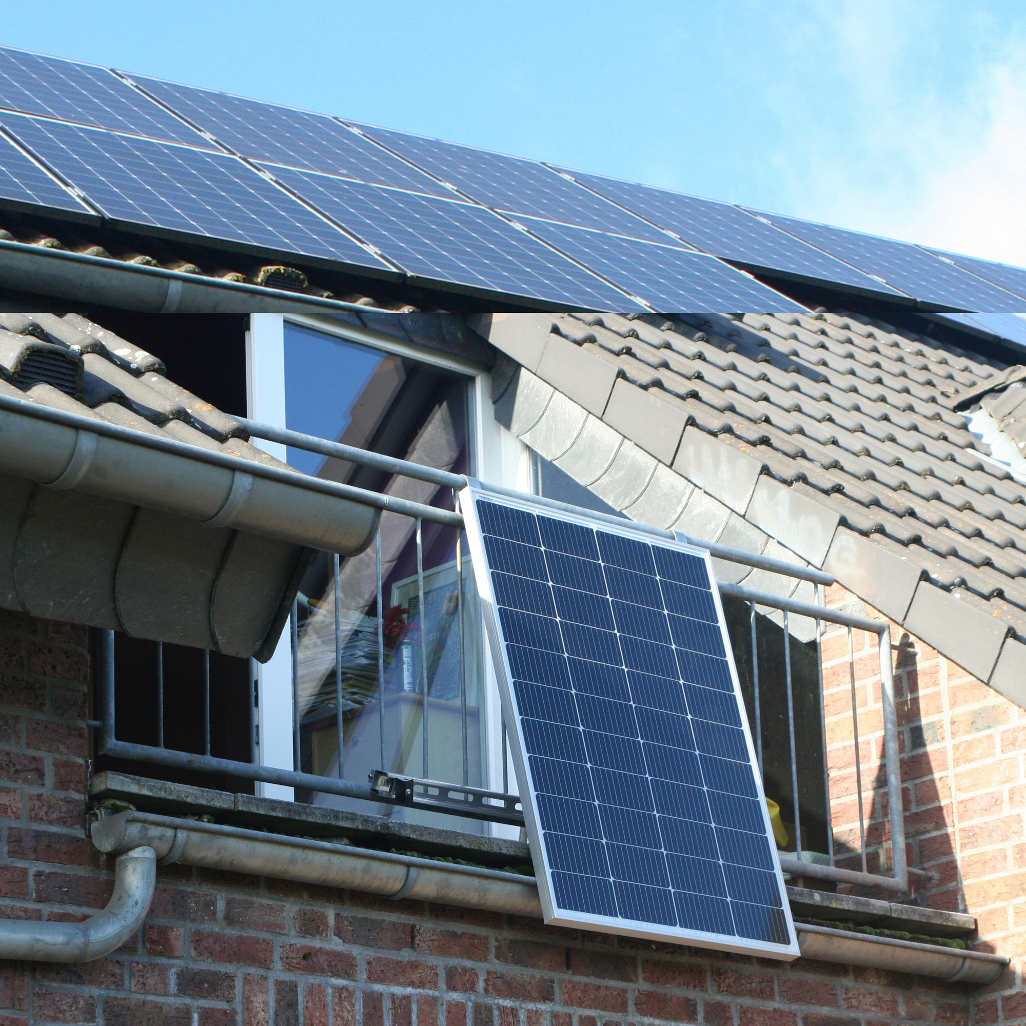 Solarmodule auf einem Dach mit Ziegeln und Regenrinne. Ein Modul liegt auf einem Balkongeländer.