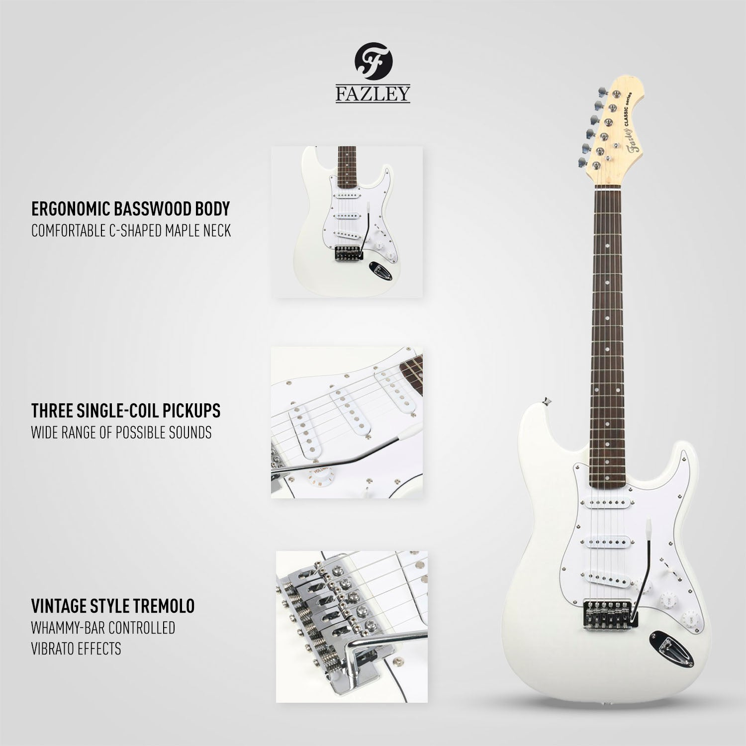 Een witte Fazley elektrische gitaar met drie close-up beelden die de kenmerken benadrukken.
