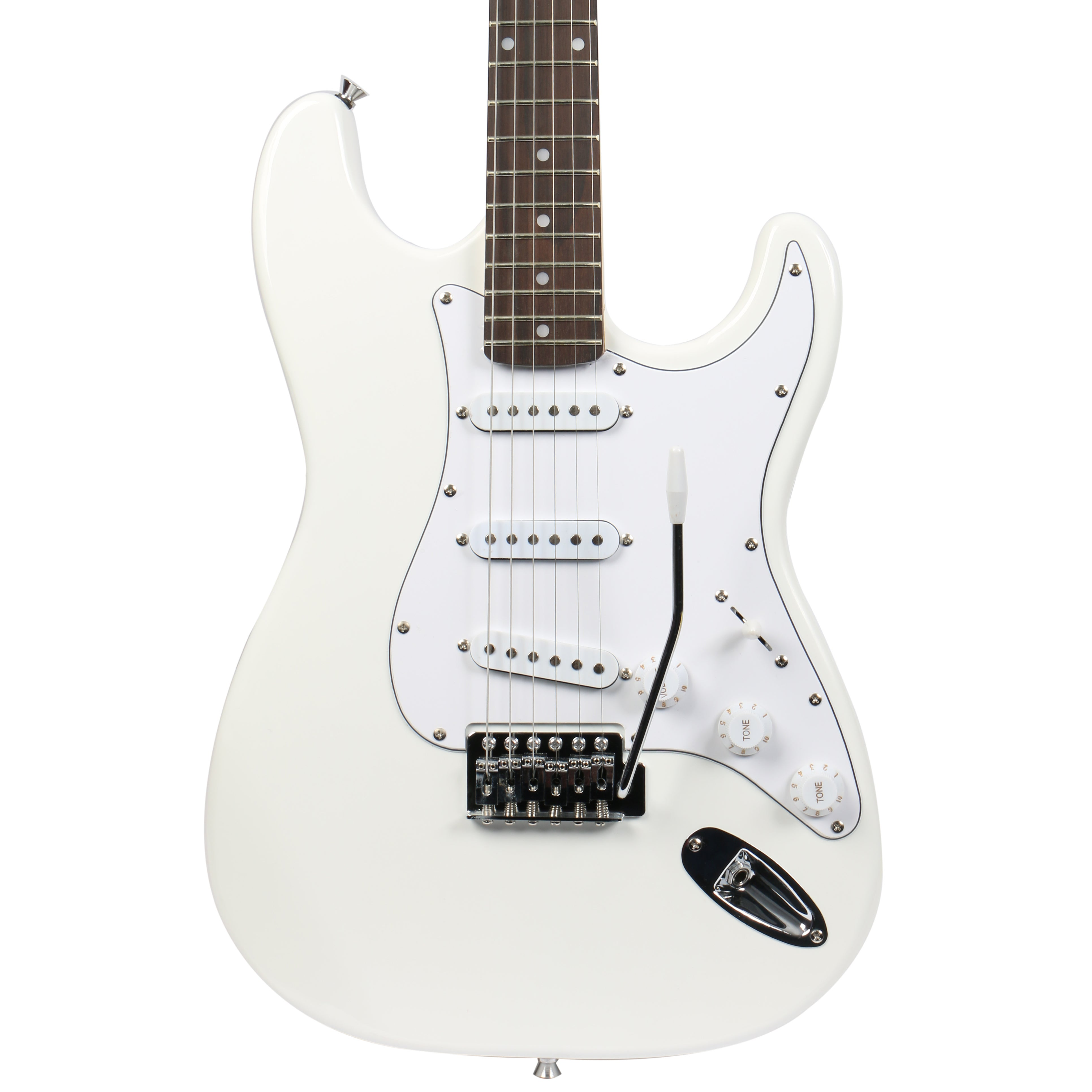 Een witte elektrische gitaar met zes snaren, pickups en knoppen.