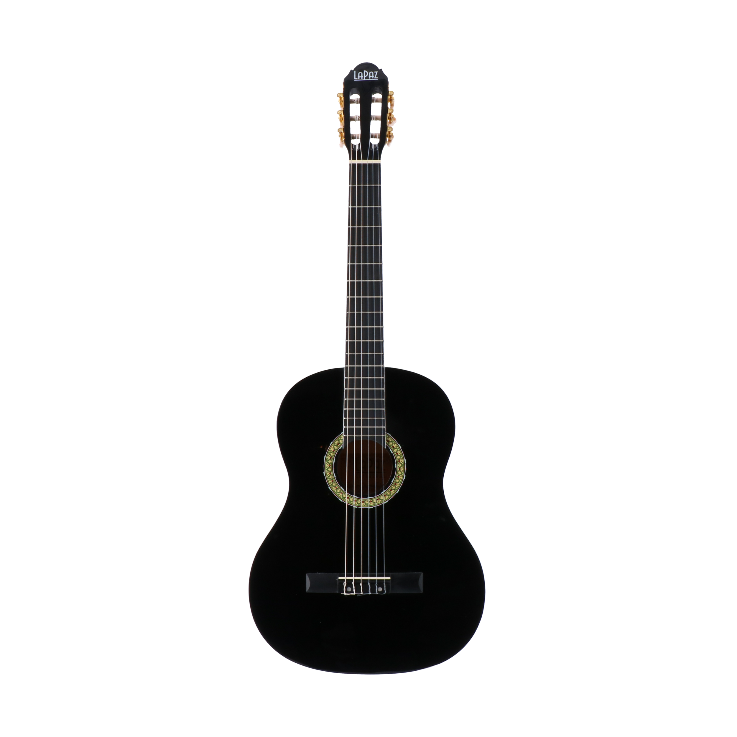 Een zwarte akoestische gitaar met gouden stemknoppen en een sierlijk klankgat.