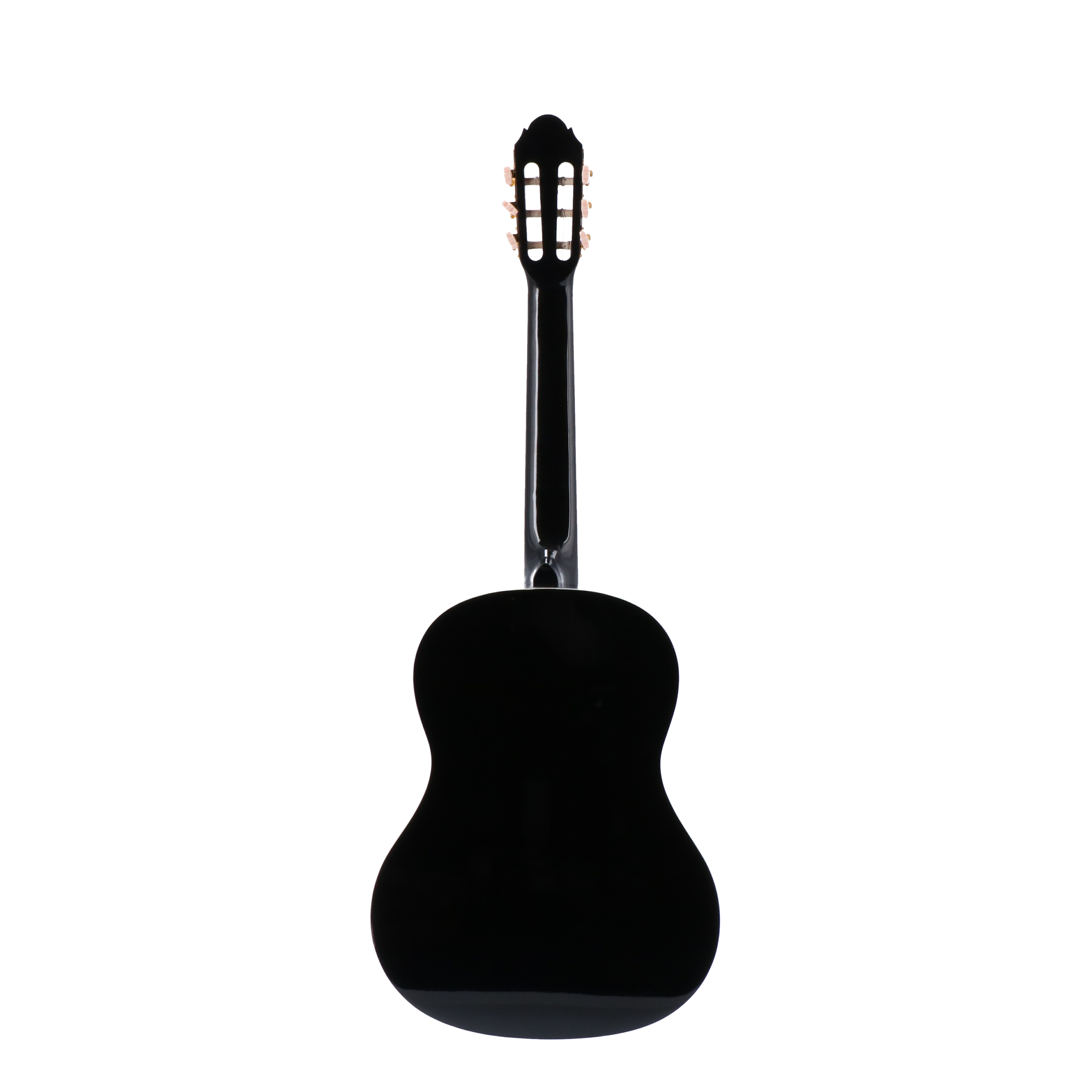 Zwarte akoestische gitaar van achteren gezien, met stemmechanieken bovenaan.