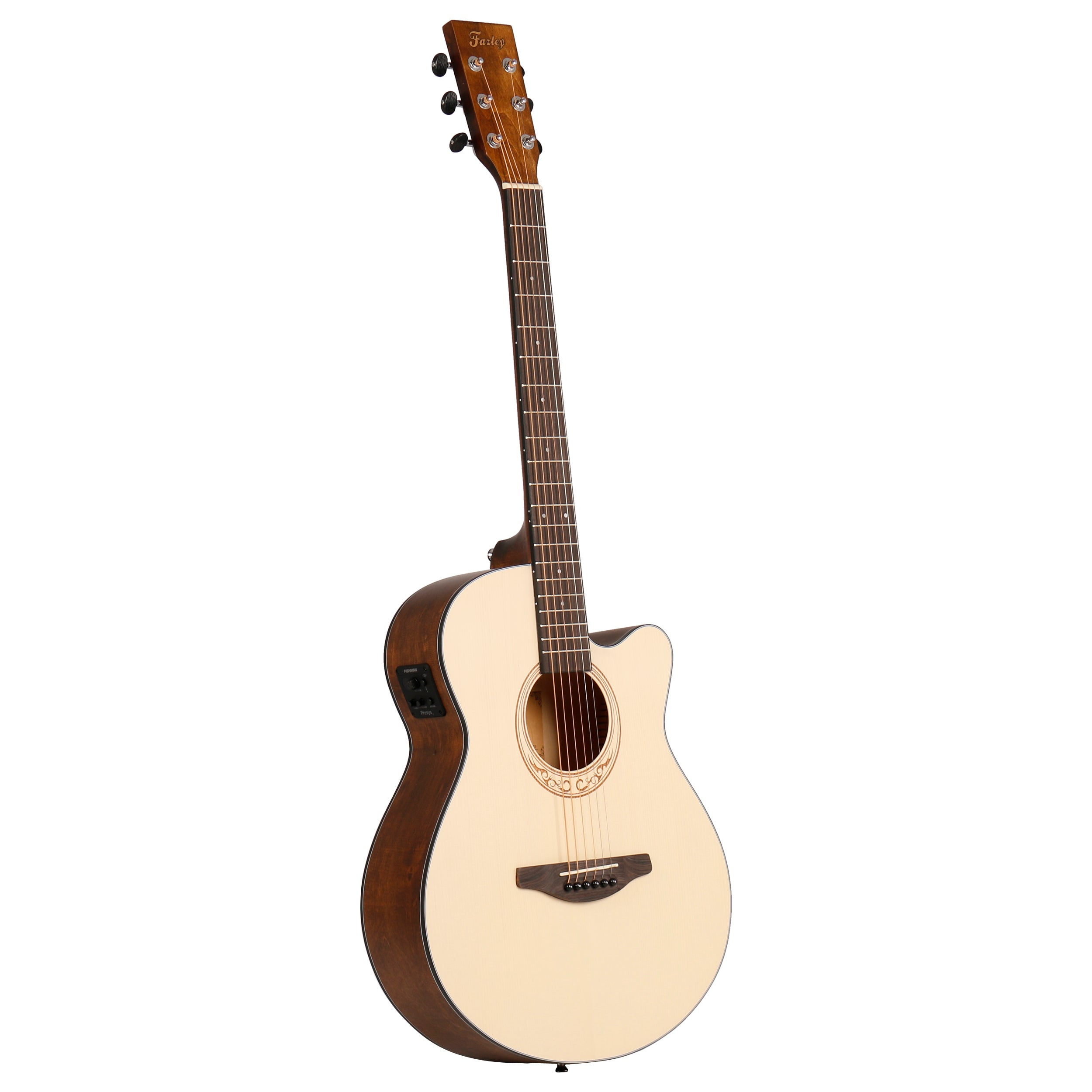 Een akoestische gitaar met een lichtgekleurde body en donkere hals, op wit.