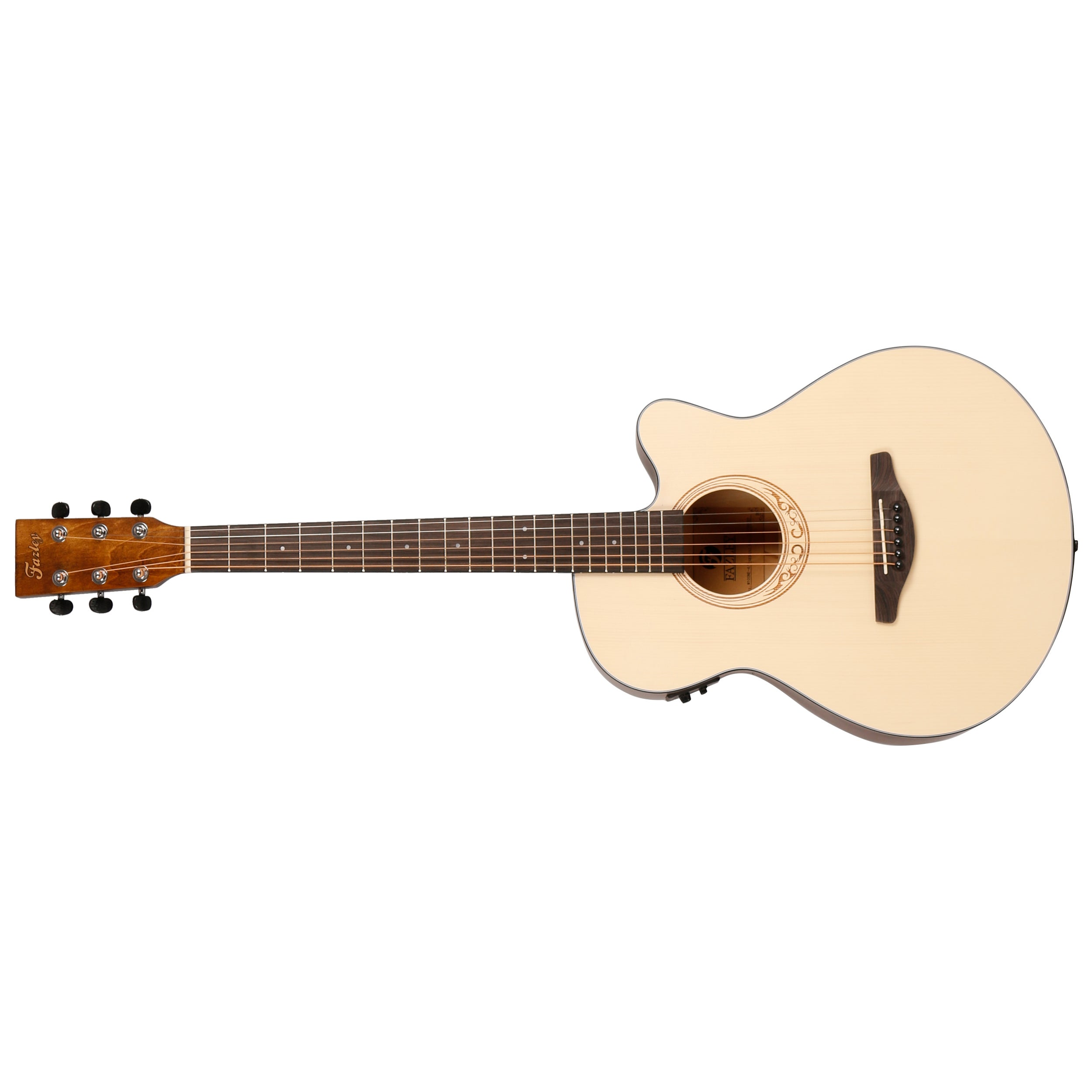 Een lichtgekleurde akoestische gitaar met zes snaren, een cutaway en donkere stemknoppen.