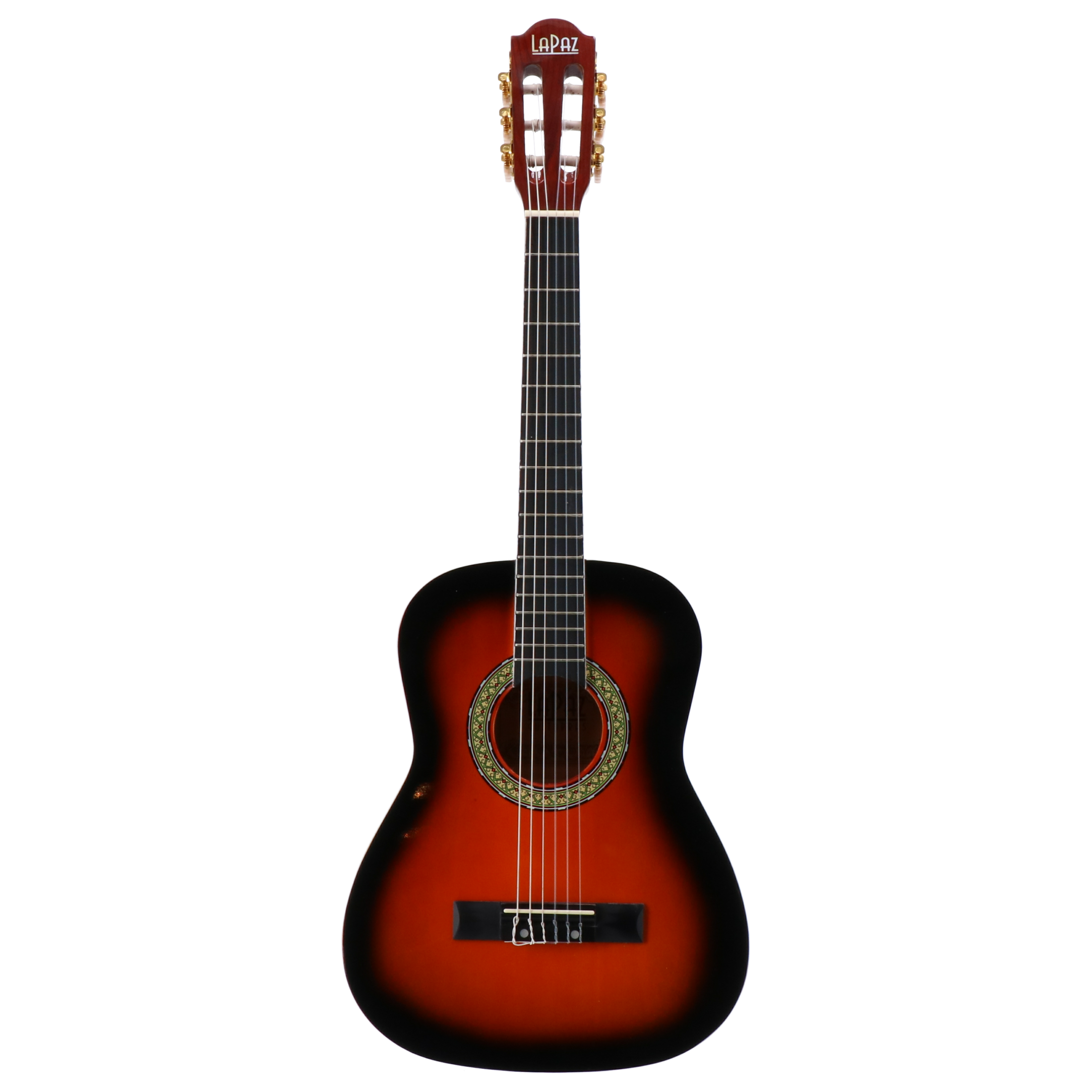 Een zongebruinde bruin-rode akoestische gitaar met zes snaren en gouden stemknoppen op zwart.