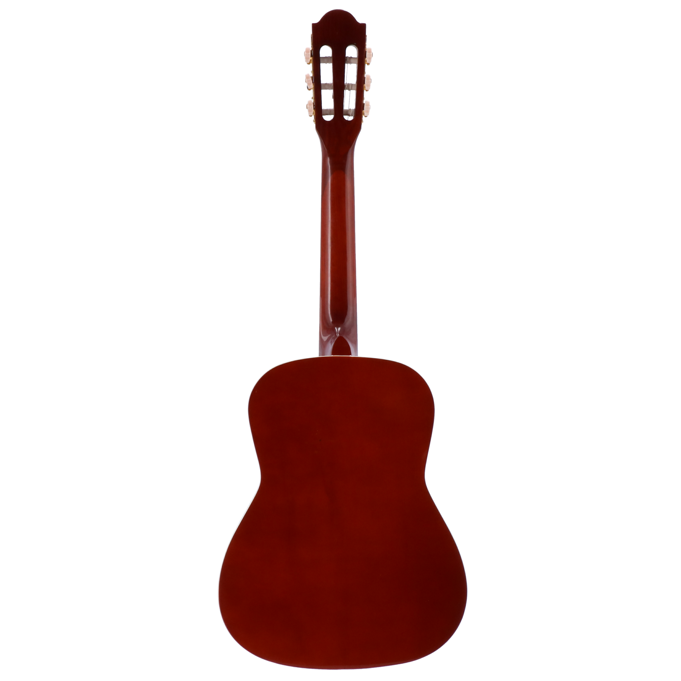 Achterkant van een bruine gitaar met stemknoppen en snaren op de kop.