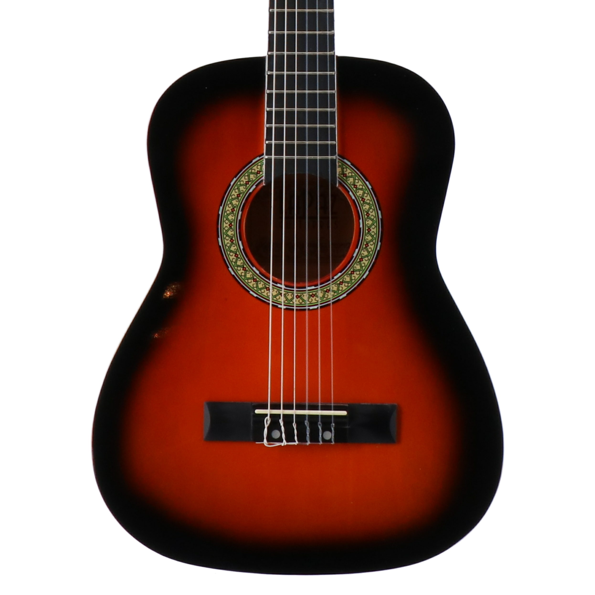 Een gitaar met rood-zwarte kleurovergang, zes snaren en een versierd klankgat.