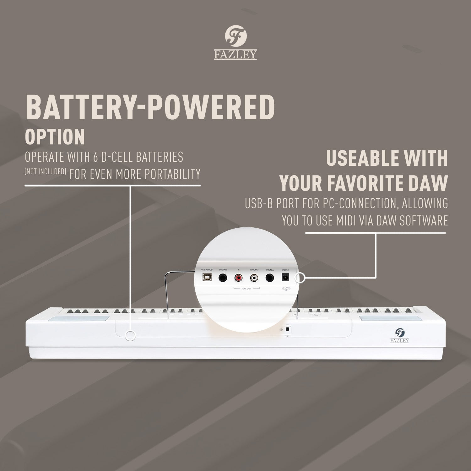 Een wit Fazley keyboard gericht op poorten en batterijvoeding.