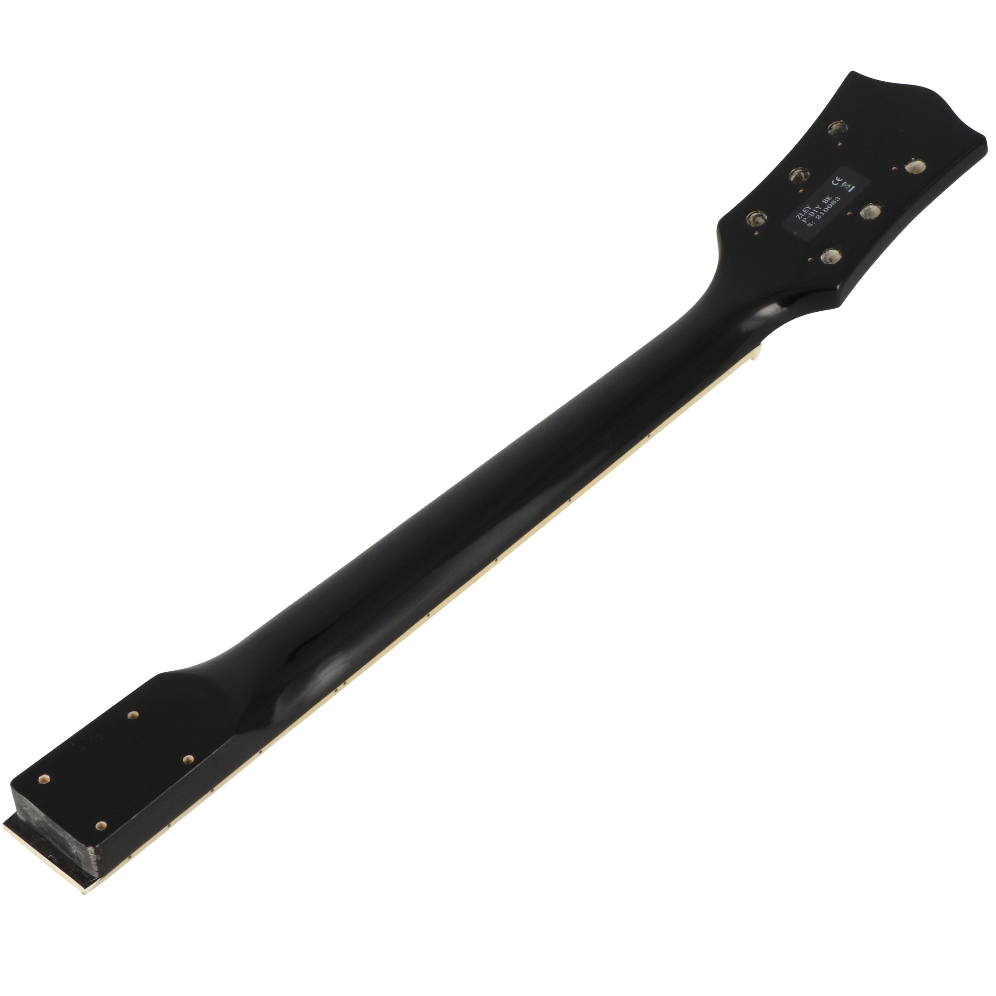 Zwarte gitaarhals met zilveren hardware en belettering.