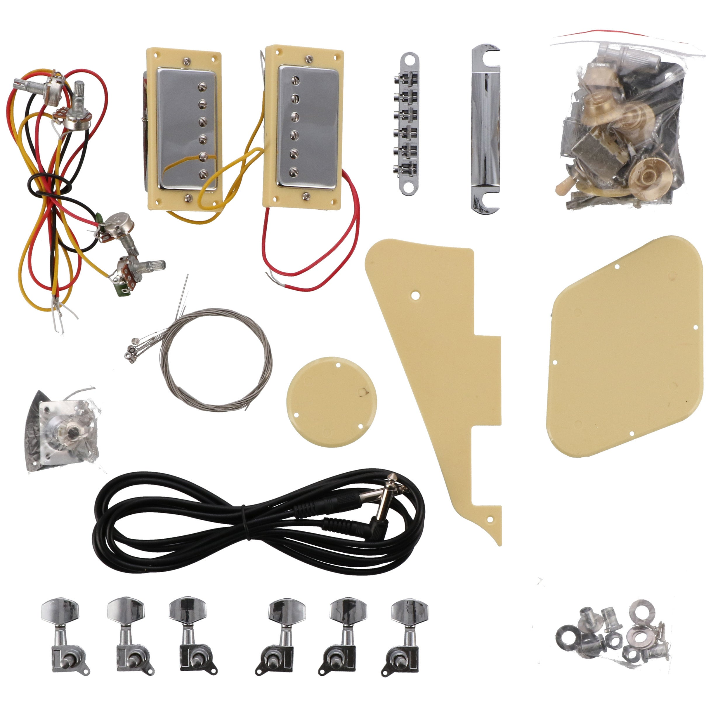 Gitaar pickups, brug, potmeters, kabels, snaren en schroeven.