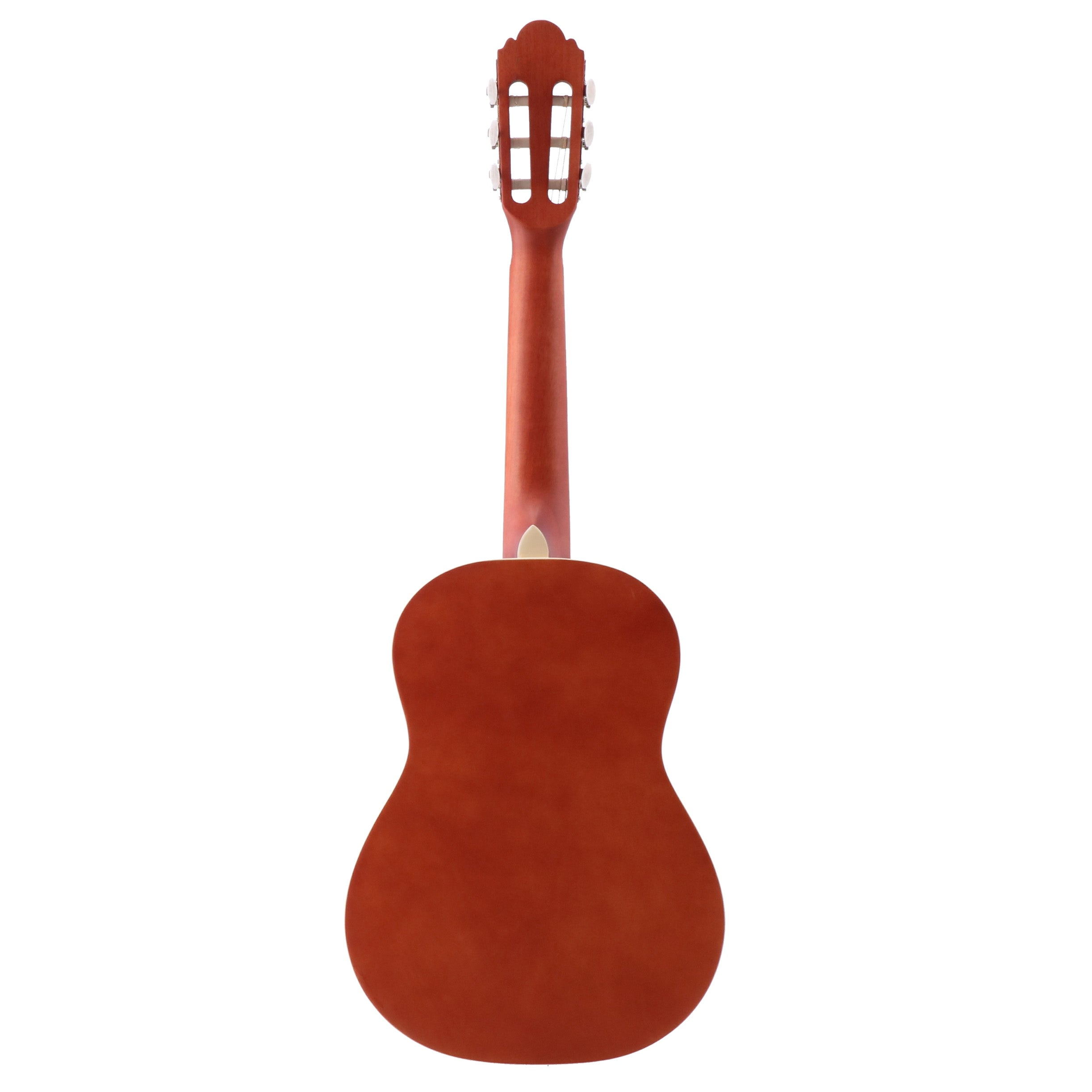 Rear view of a brown guitar with strings and tuning pegs on a white background.