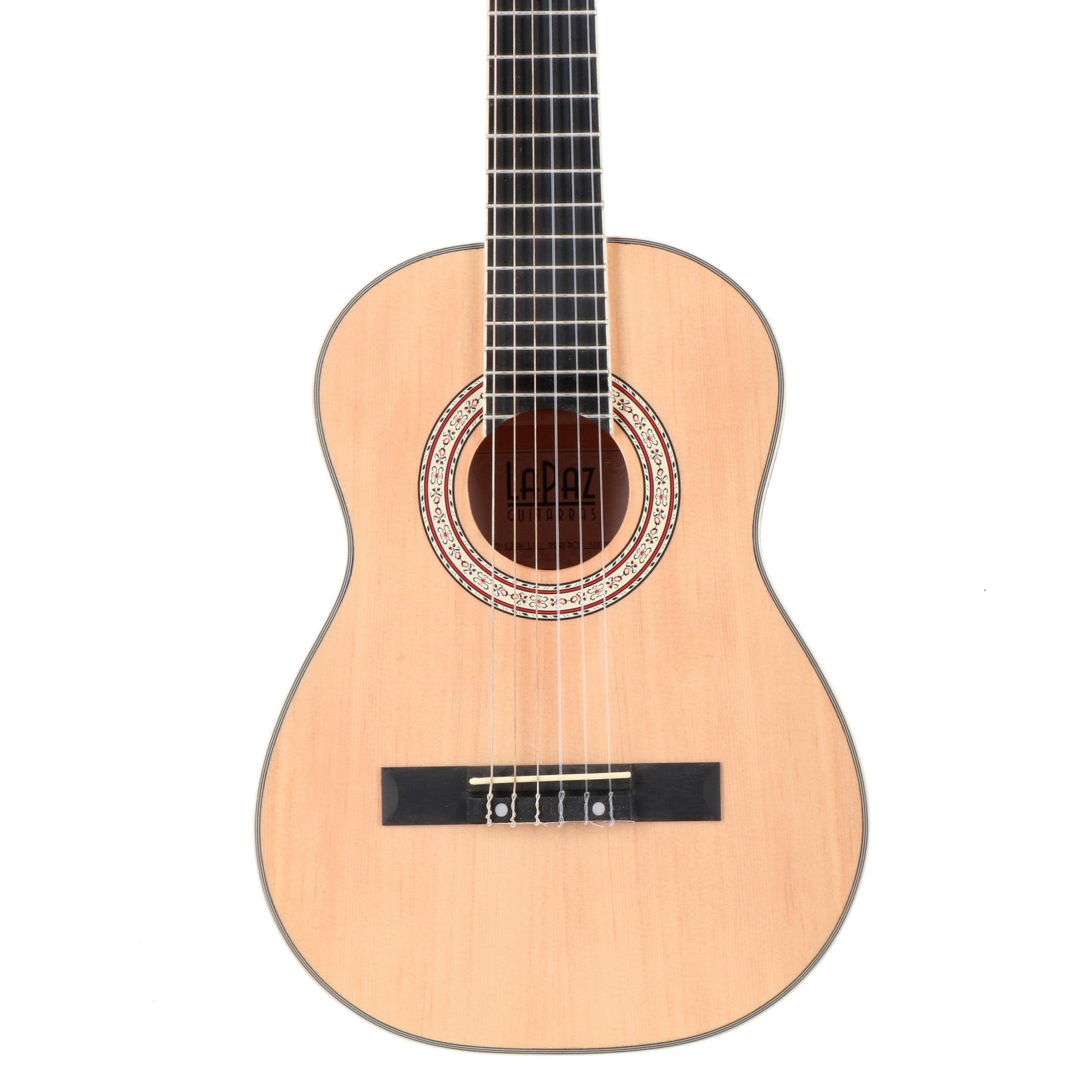 A light-colored acoustic guitar with six strings, a black fretboard, and a white body.