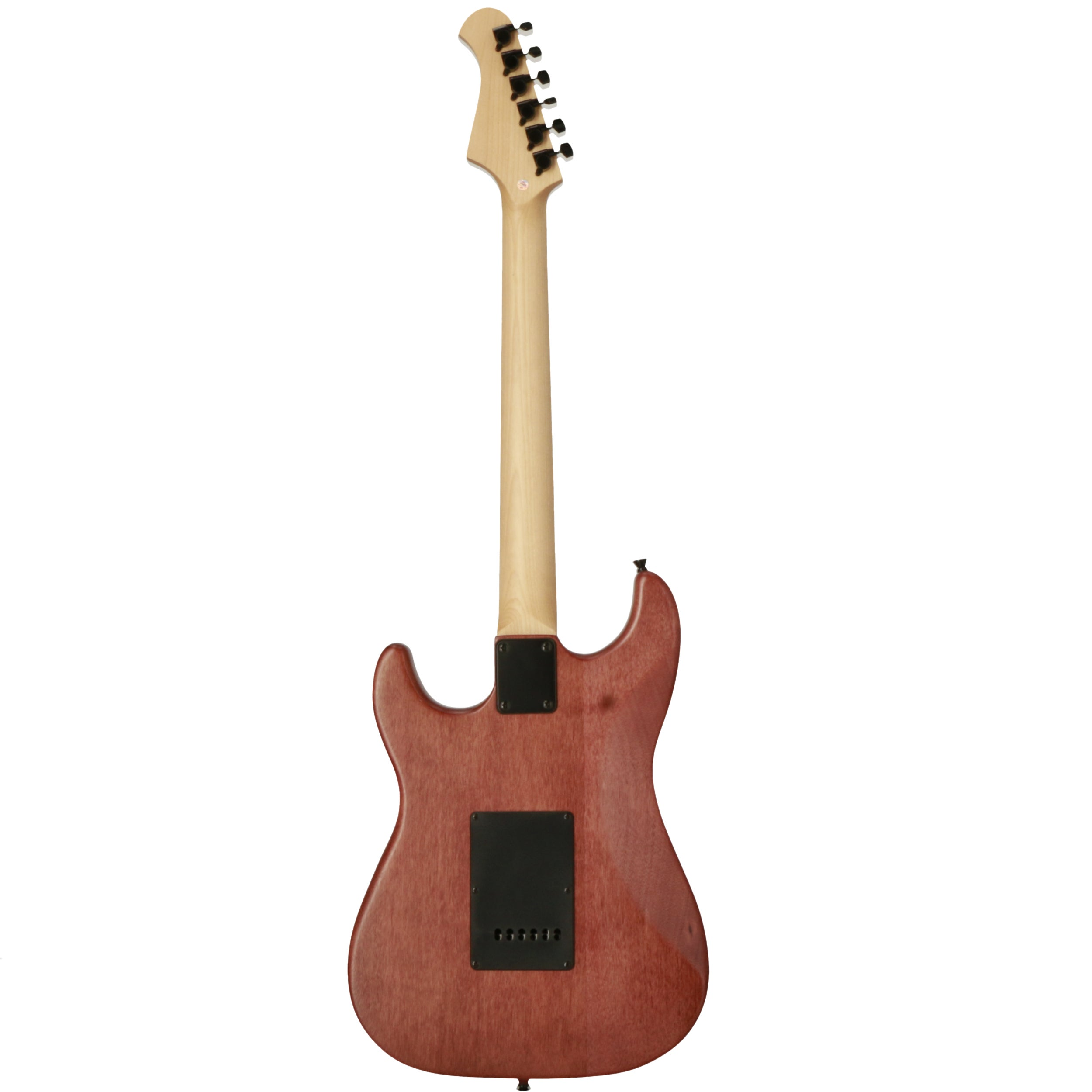 Achterkant van een roodbruine elektrische gitaar met lichte hals en zwarte stemmechanieken.