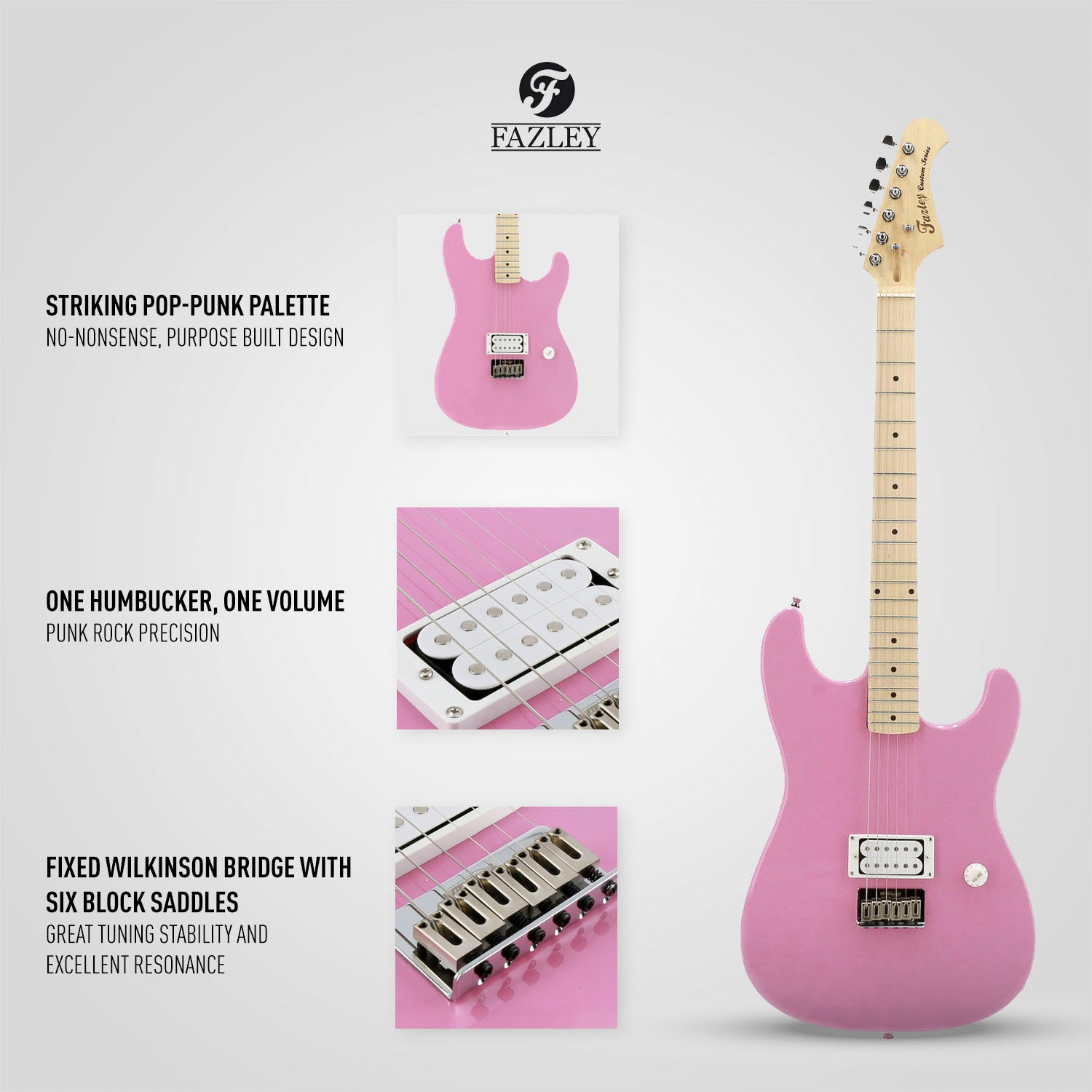 Een roze elektrische gitaar met witte humbucker en Wilkinson brug.