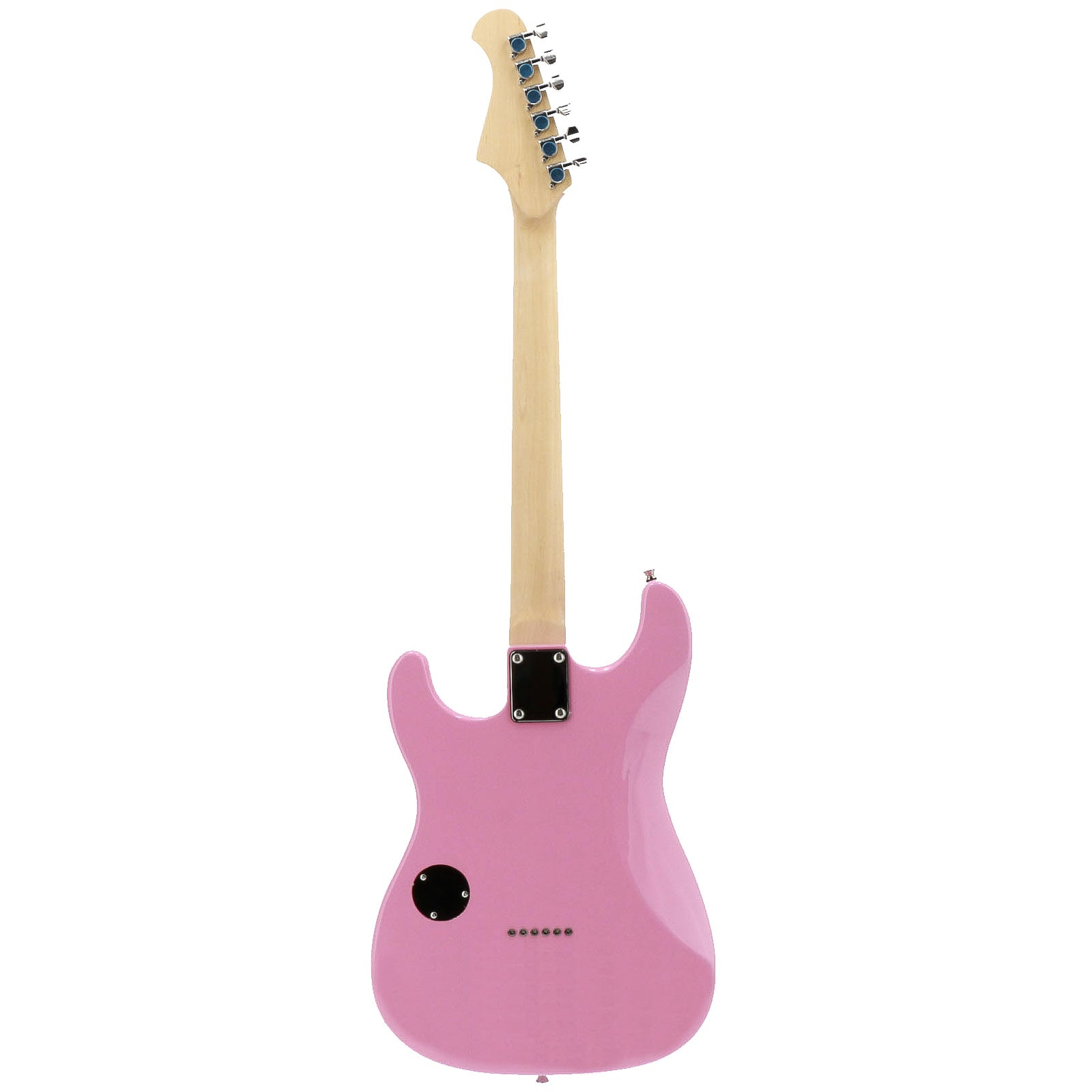Een roze elektrische gitaar met lichte houten hals en stemknoppen.