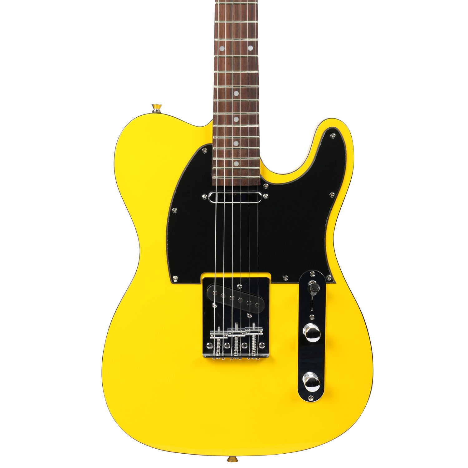 Een gele elektrische gitaar met een zwart slagplaat en zilveren hardware.