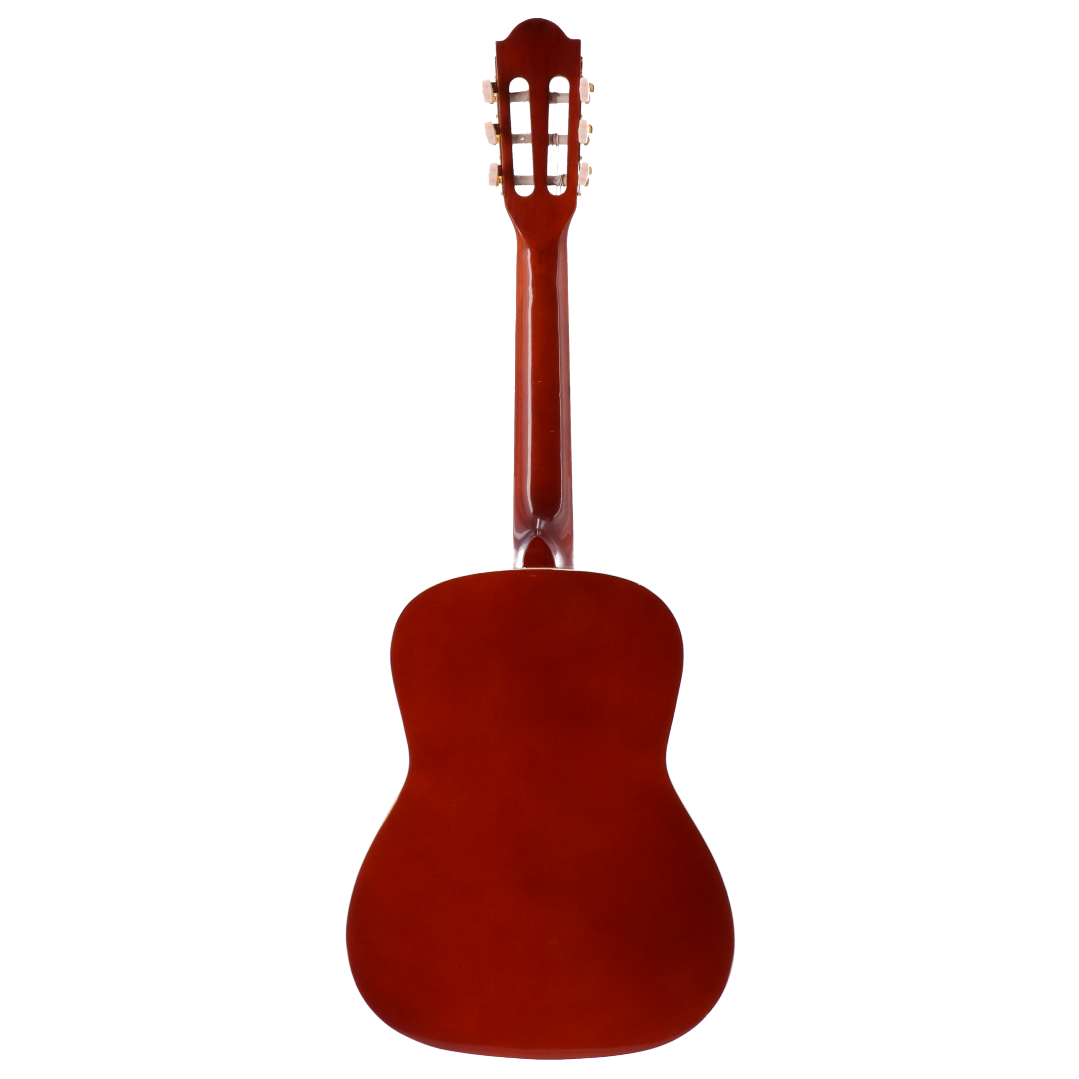 Achterkant van een bruine akoestische gitaar met witte stemknoppen.