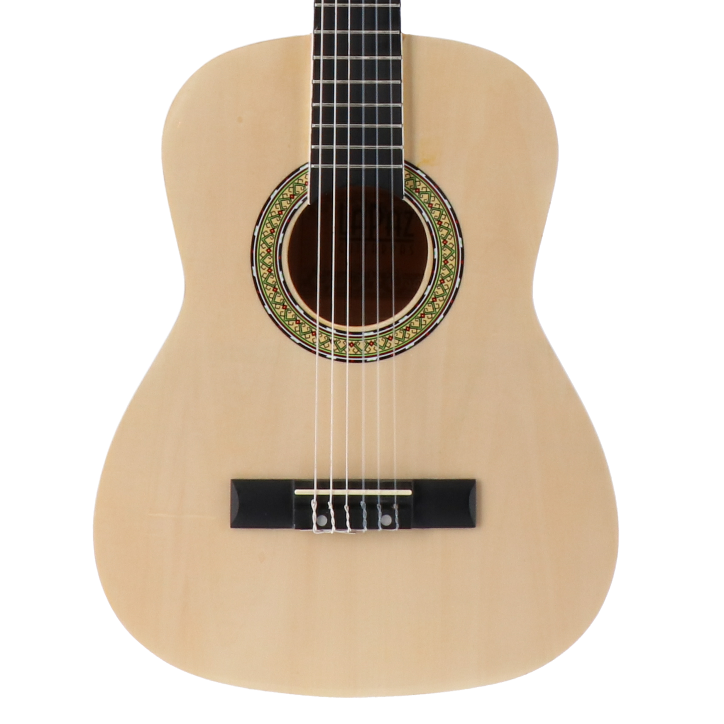 Een lichte akoestische gitaar met zes snaren en een versierd klankgat.