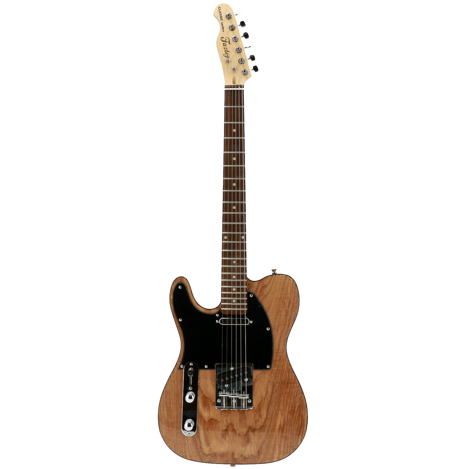 Een bruine elektrische gitaar met een zwart slagplaat en zilveren knoppen.