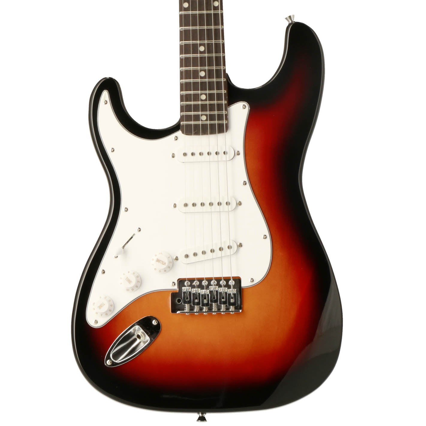 Elektrische gitaar met sunburst-afwerking en witte slagplaat.