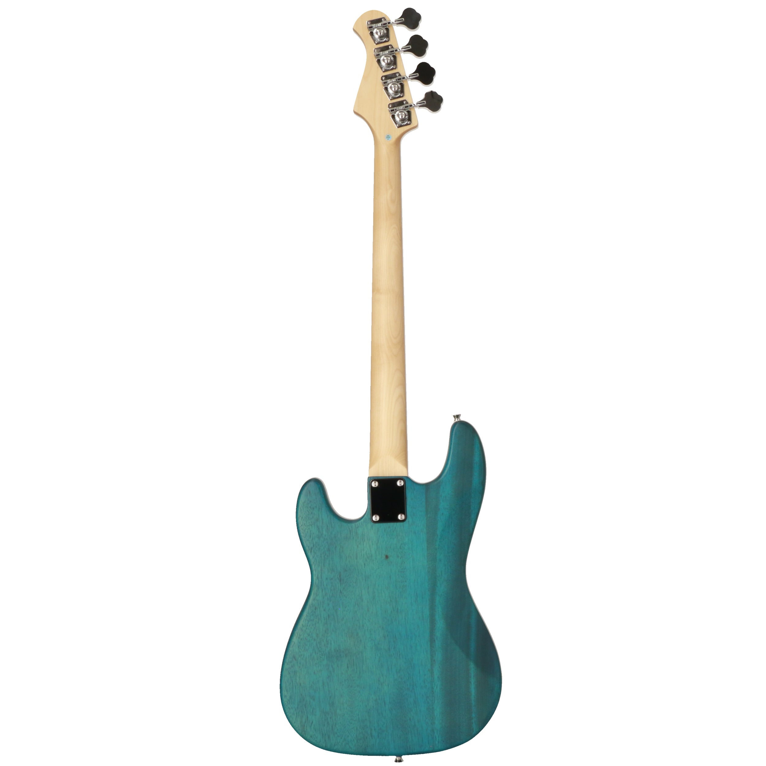 Achterkant van een teal basgitaar met lichte houten hals en vier stemknoppen.