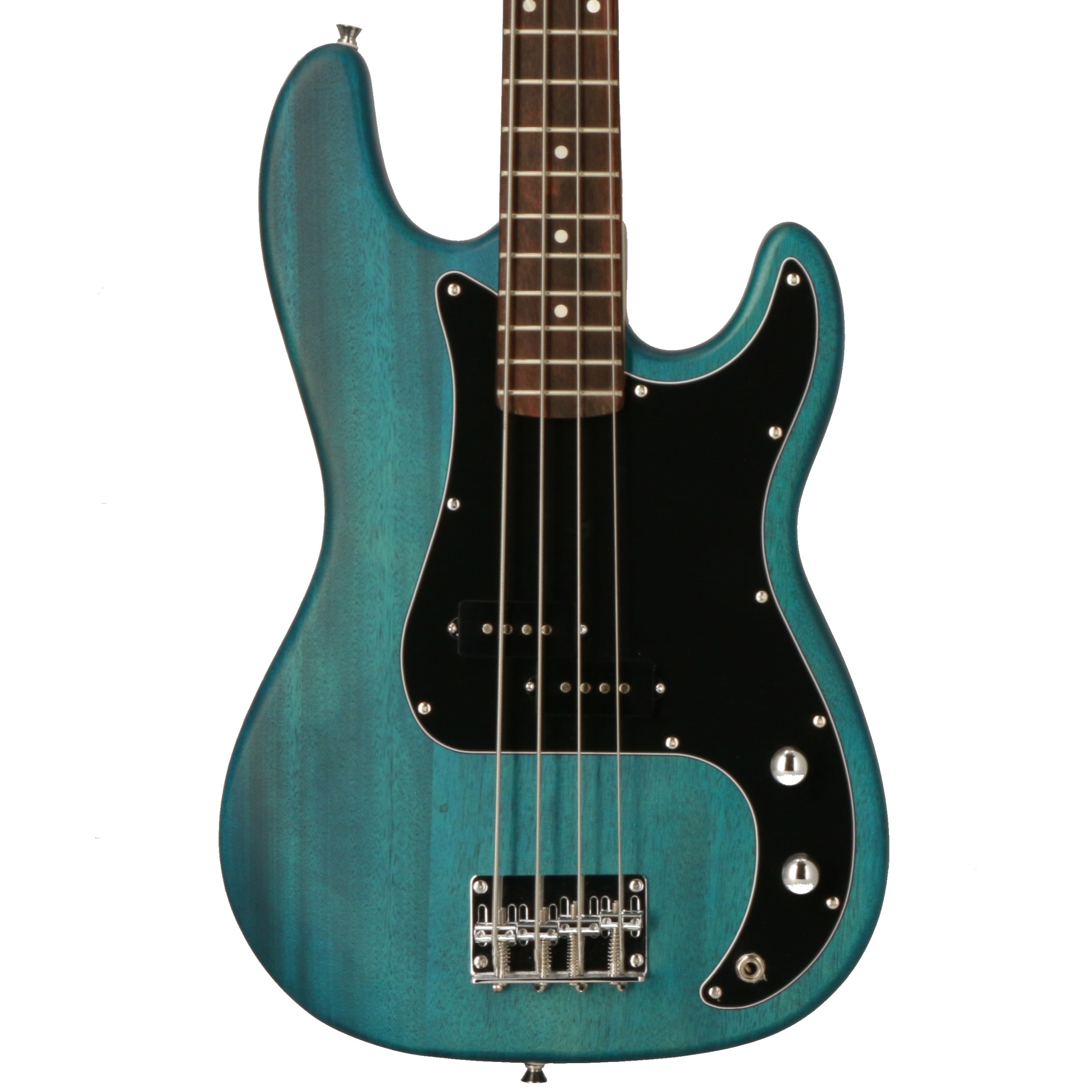Een teal basgitaar met zwarte elementen en snaren.