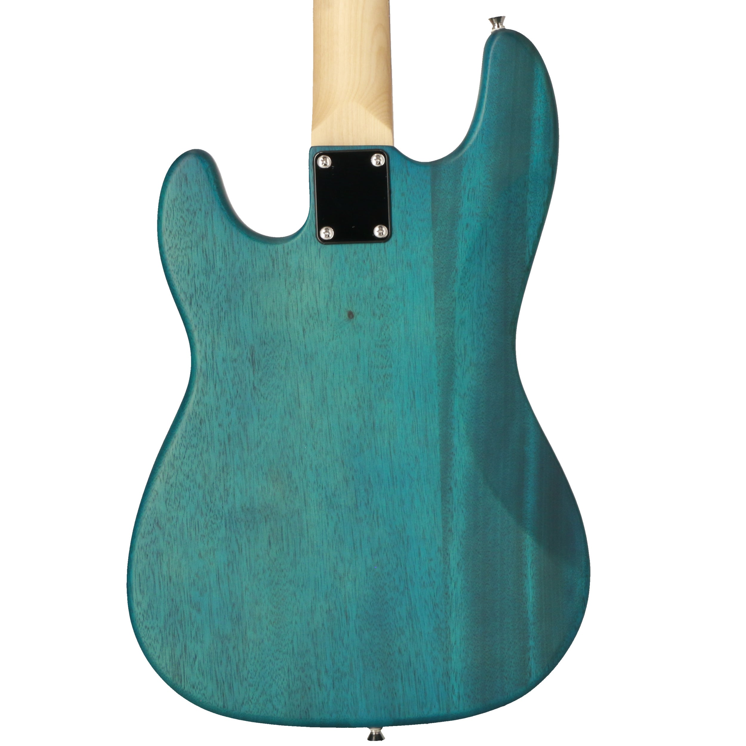 Achterkant van een teal elektrische gitaar met licht hout.<lt/>/br<gt/>nl