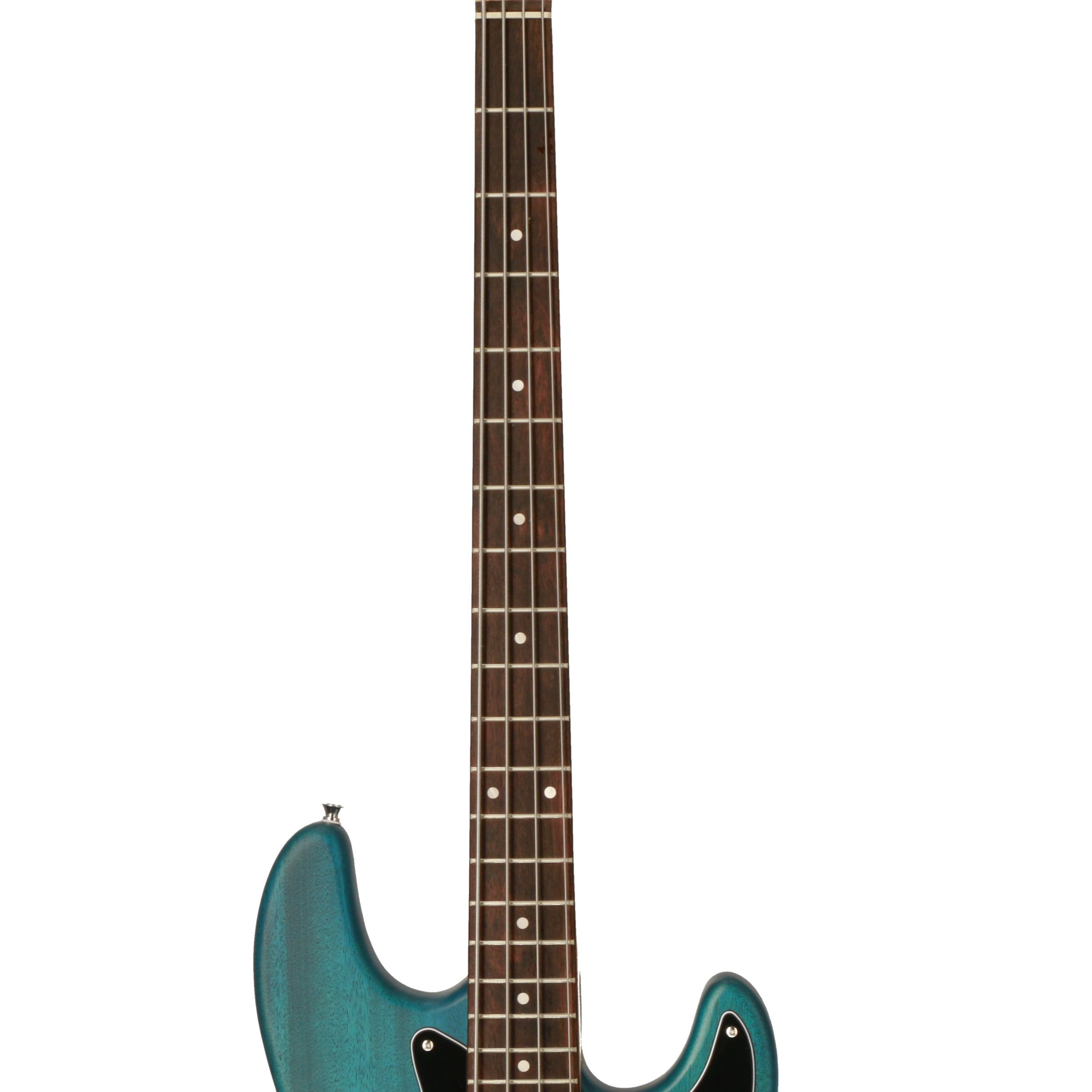 Turquoise basgitaarhals met donker toets en zilveren snaren.