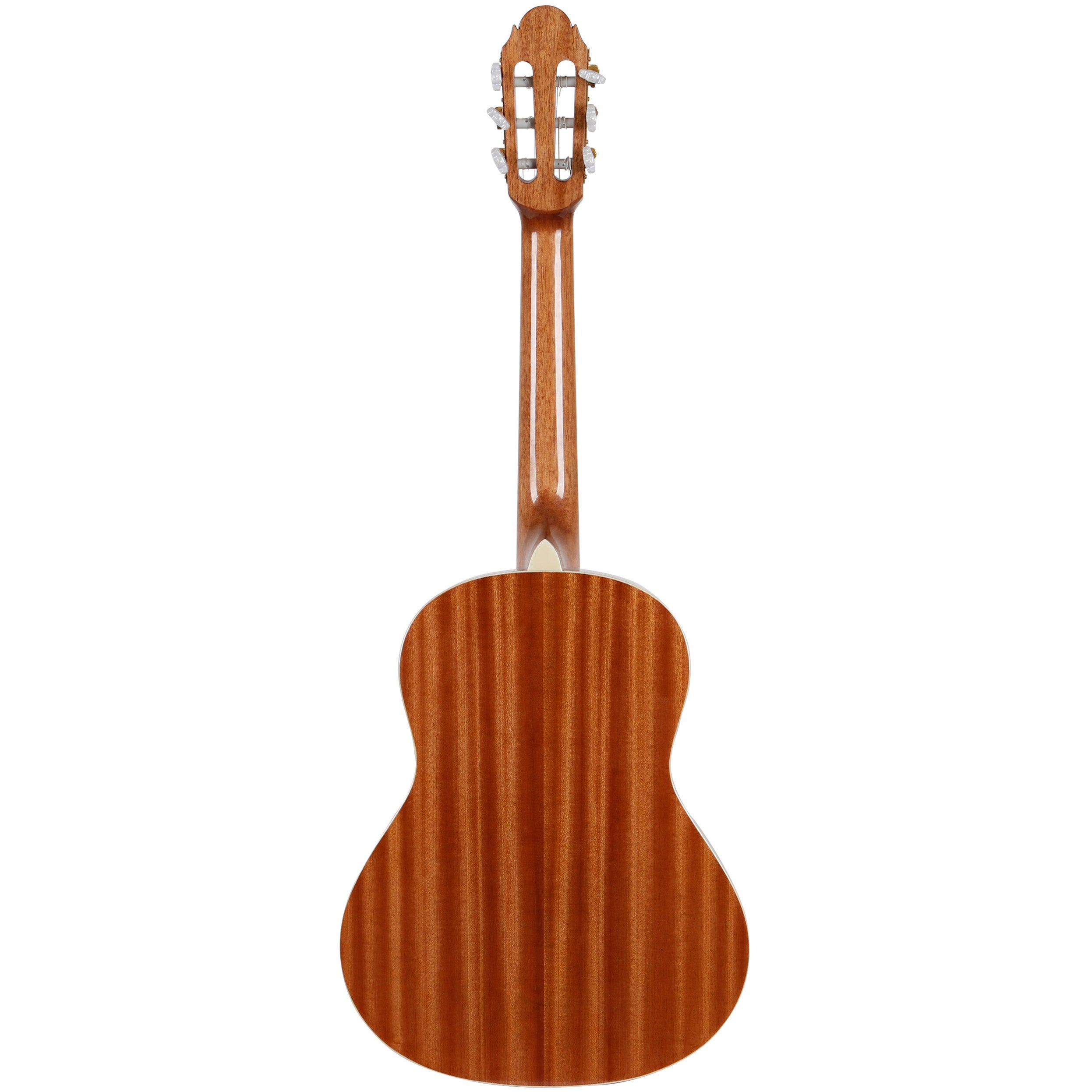 Achterkant van een gitaar met houtnerf en stemmechanieken op de hals.