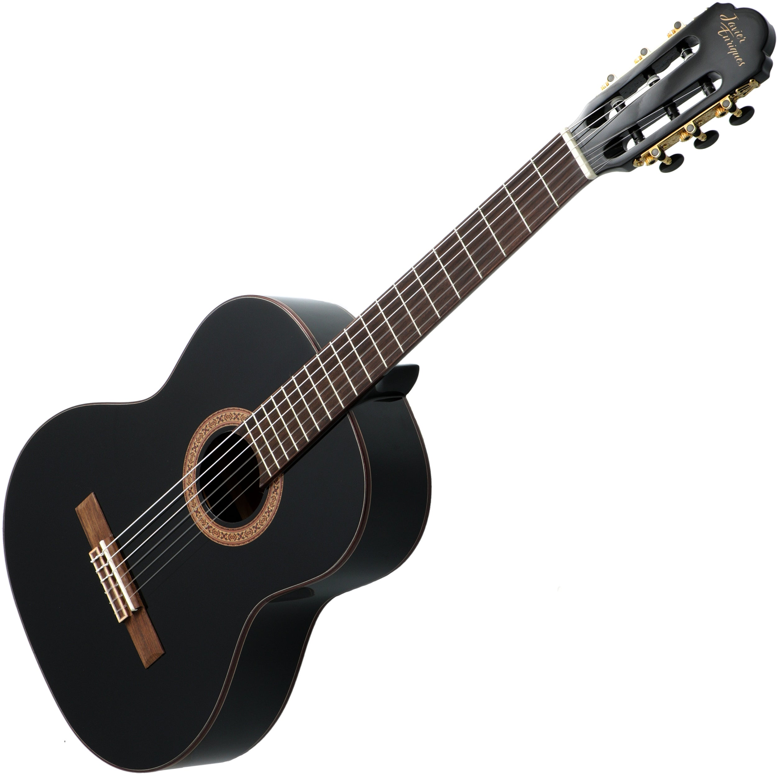 Zwarte gitaar met snaren, toets en stemmechanieken op witte achtergrond.