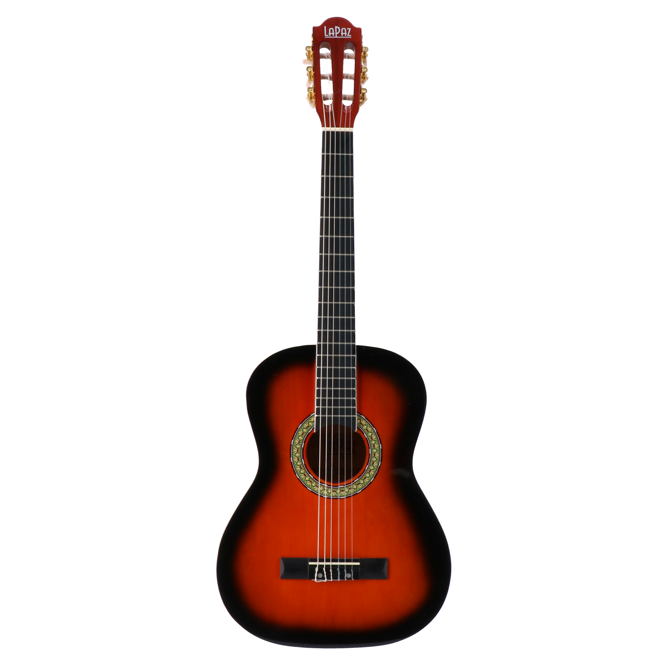Een rood-zwarte akoestische gitaar met zes snaren en gouden stemknoppen.