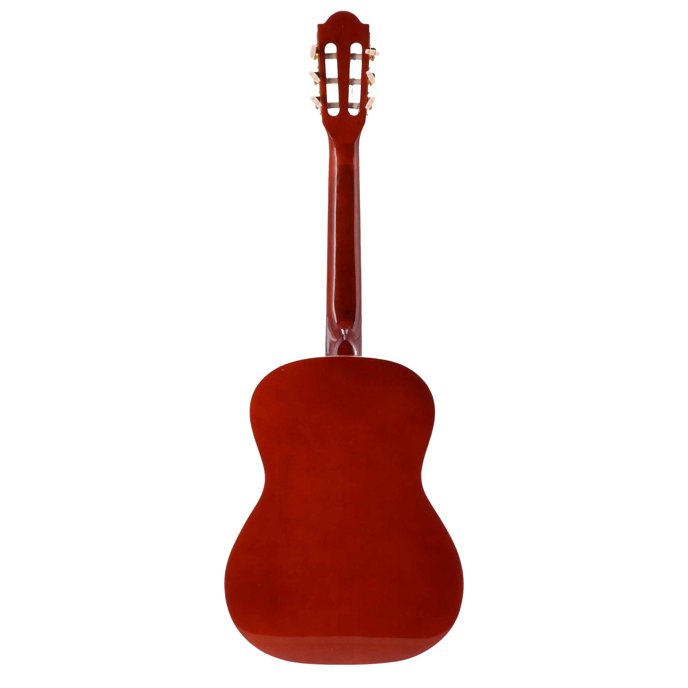 Achterkant van een bruine gitaar met witte stemknoppen en gepolijst hout.