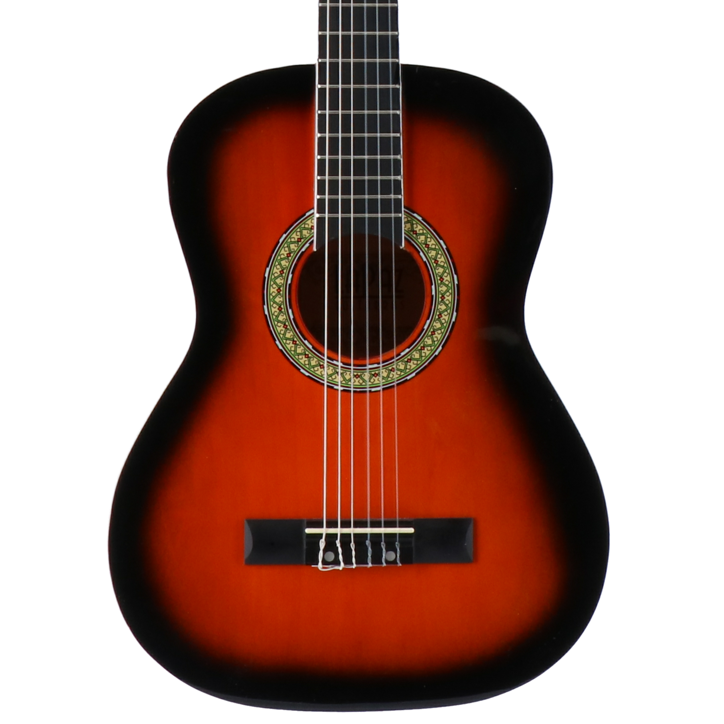 Een akoestische gitaar met een oranje body en zwarte randen.