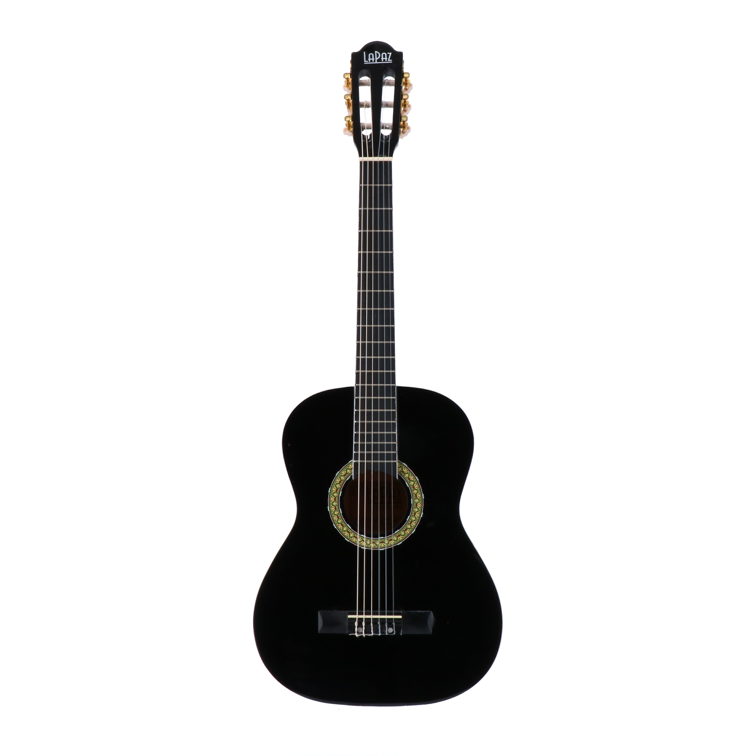 A black acoustic guitar with six strings and gold tuning pegs.