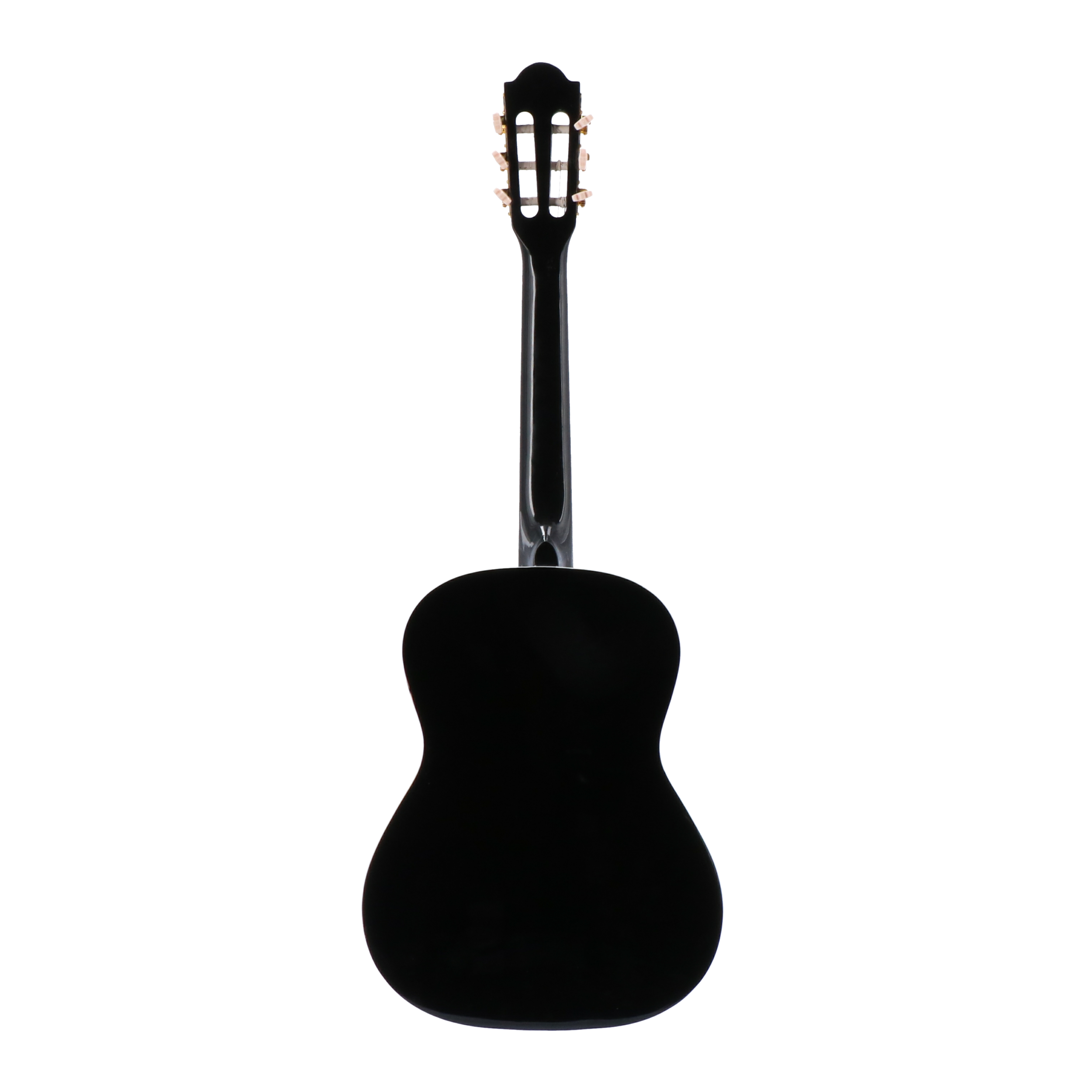 Back view of a black guitar with white tuning pegs on the headstock.