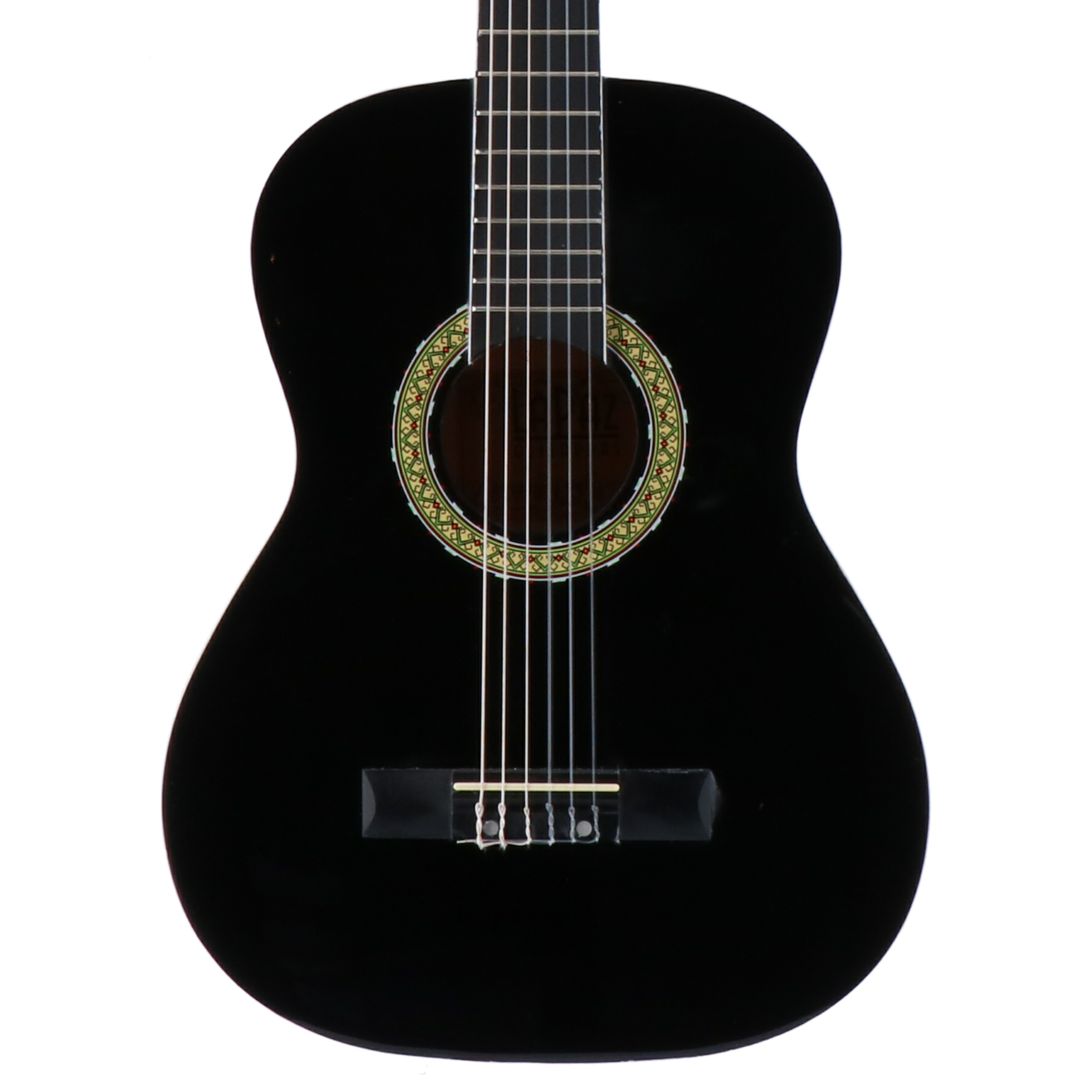 A black acoustic guitar with six strings and a decorative soundhole.