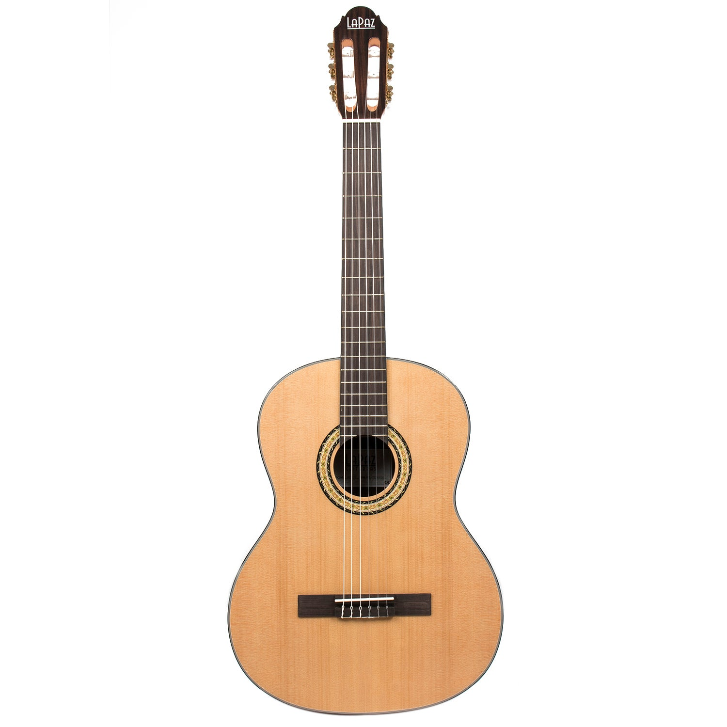 Een klassieke gitaar met een licht houten body en donker toetsenbord.