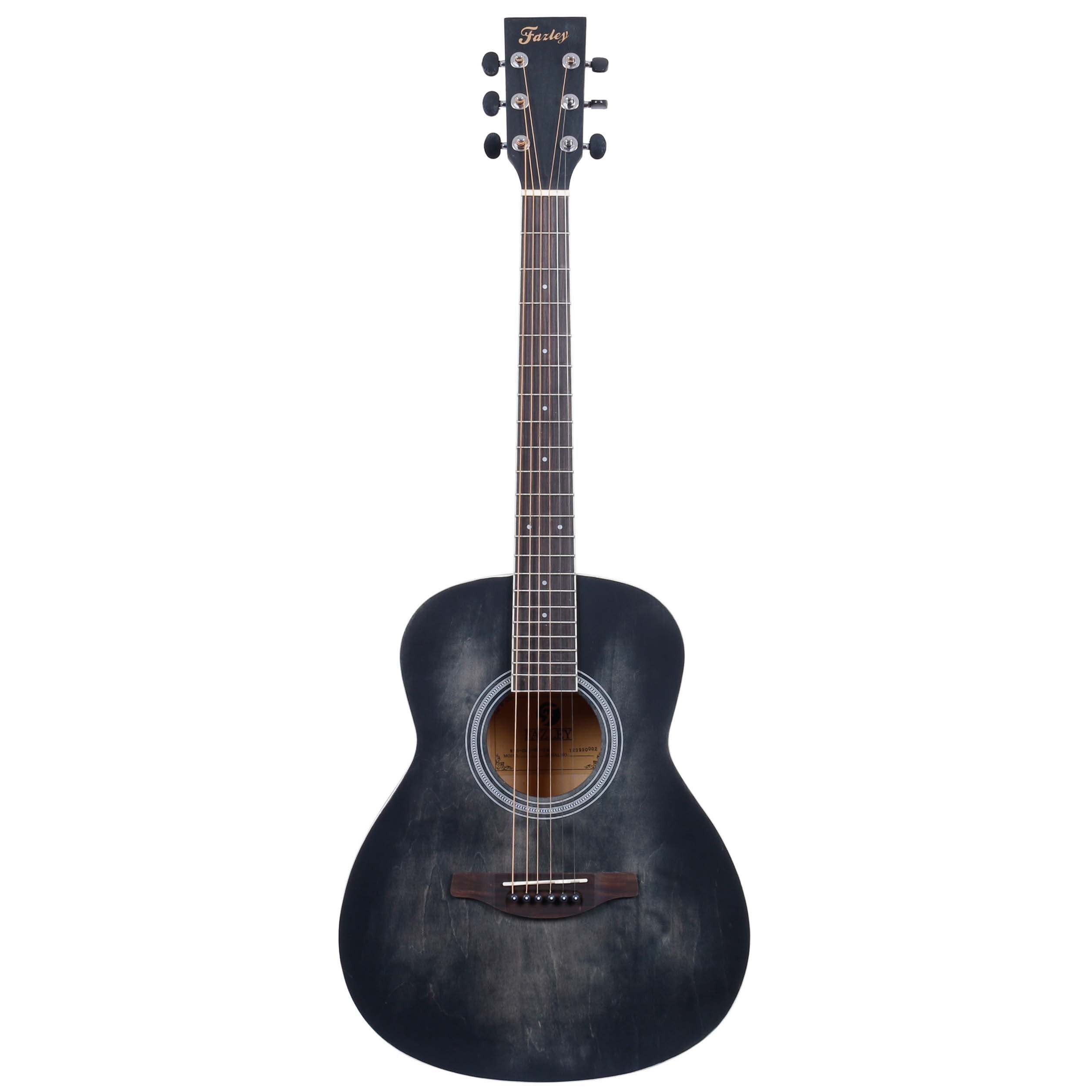 Een donkere akoestische gitaar met zes snaren en de merknaam Farley.