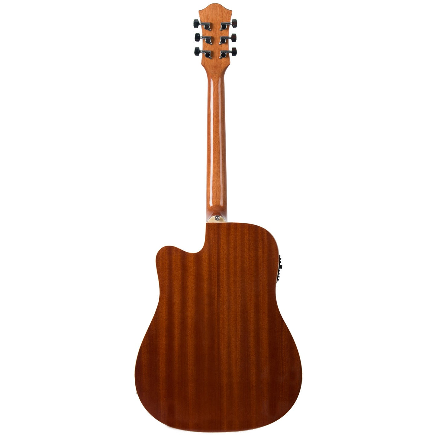 Back view of an acoustic guitar with wood grain and tuning pegs on the headstock.