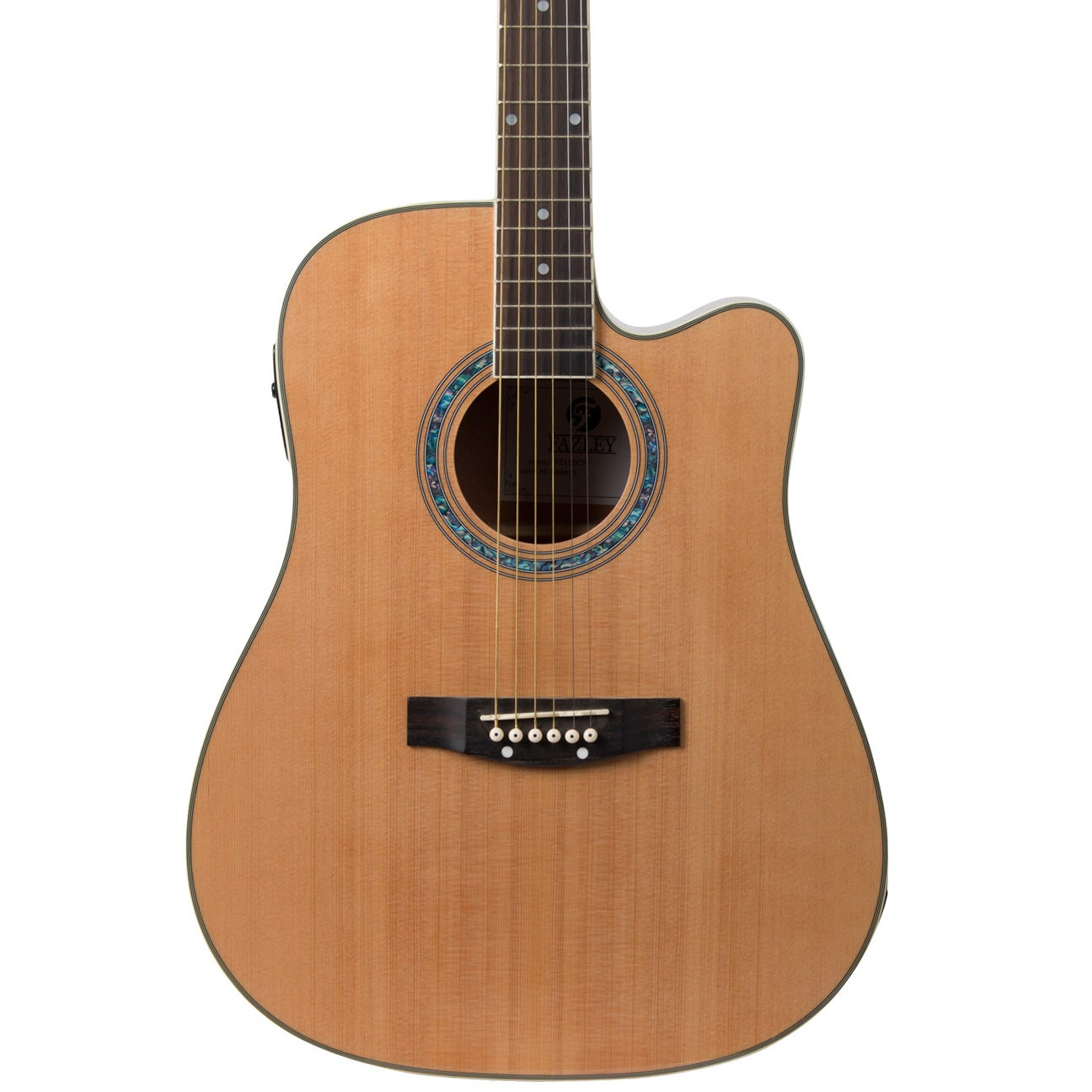 An acoustic guitar with light brown wood and a black bridge.
