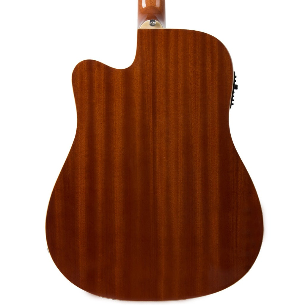 Back of a brown acoustic guitar with distinct wood grain pattern.