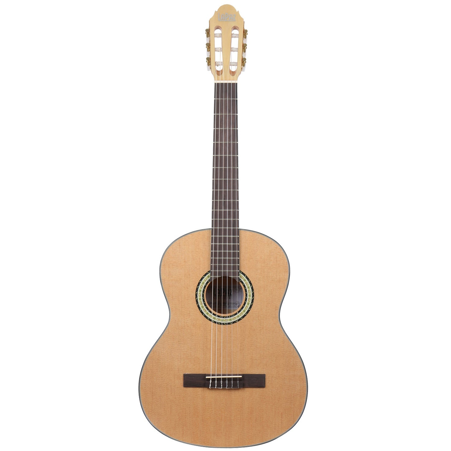 Akoestische gitaar met licht hout, snaren en een zwarte brug.