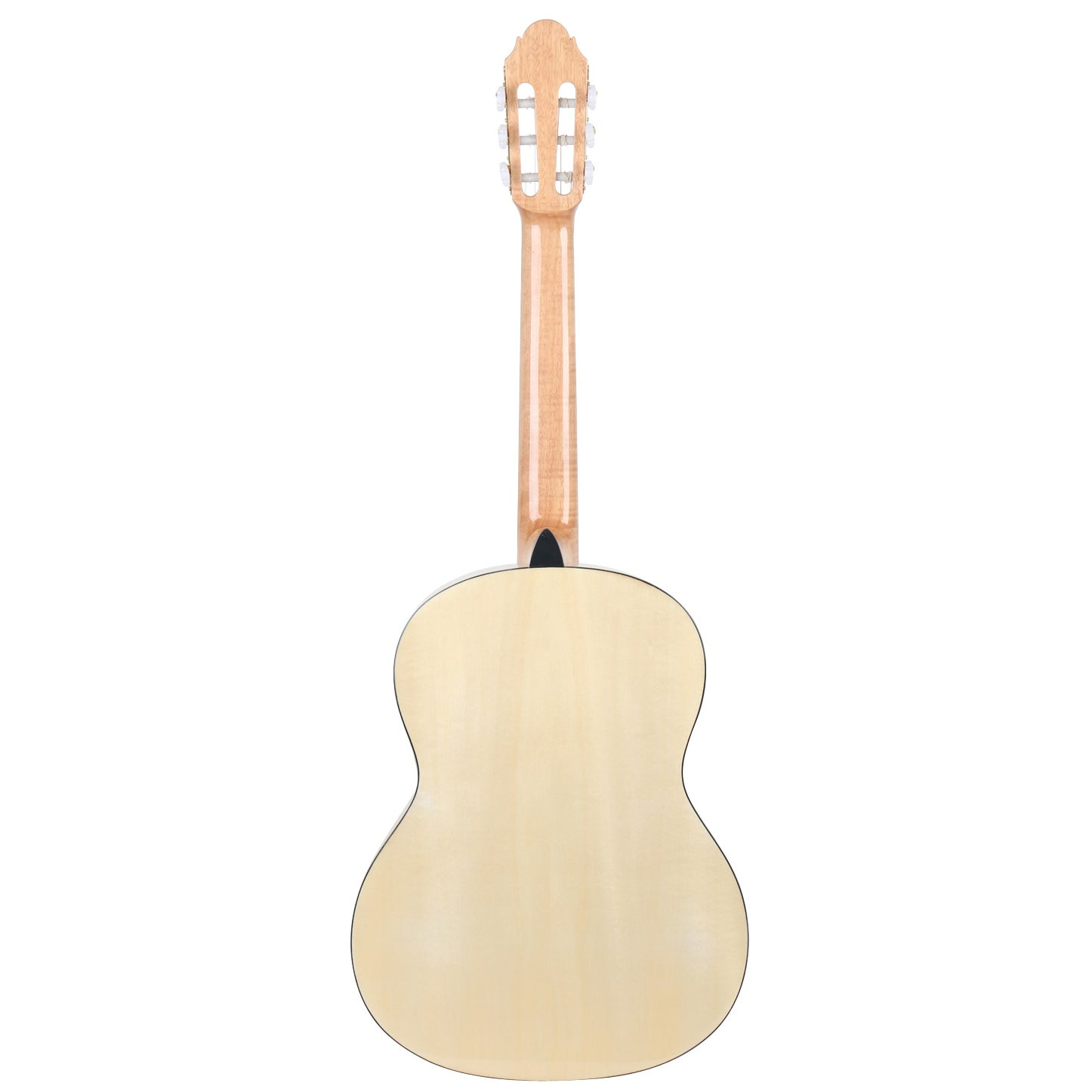 Achterkant van een lichte gitaar met snaren en stemknoppen op de hals.